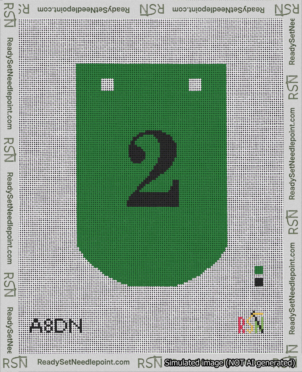 A taped needlepoint canvas with the design: Banner 18 mesh count Curved 2 Black on Green.