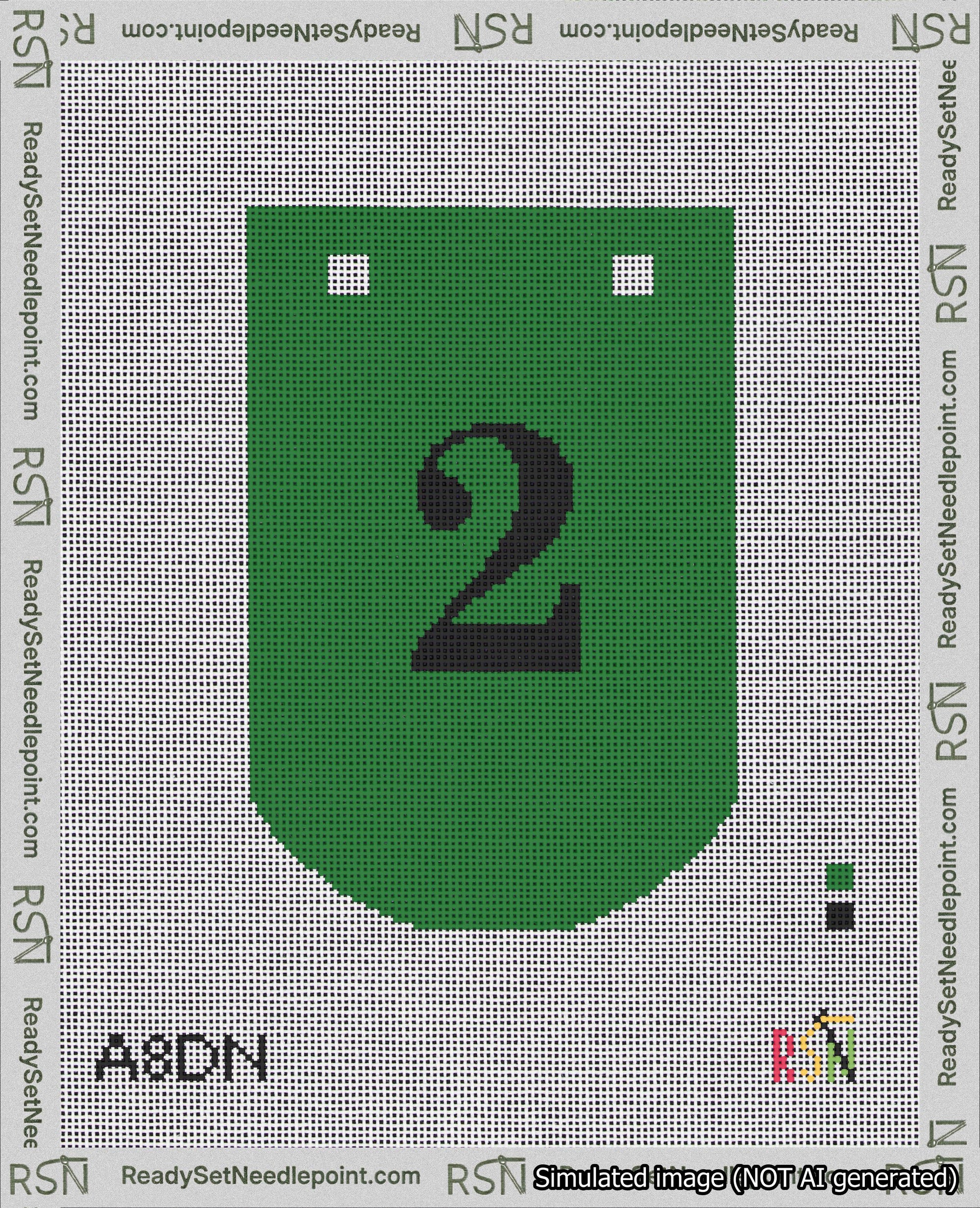 A taped needlepoint canvas with the design: Banner 18 mesh count Curved 2 Black on Green.