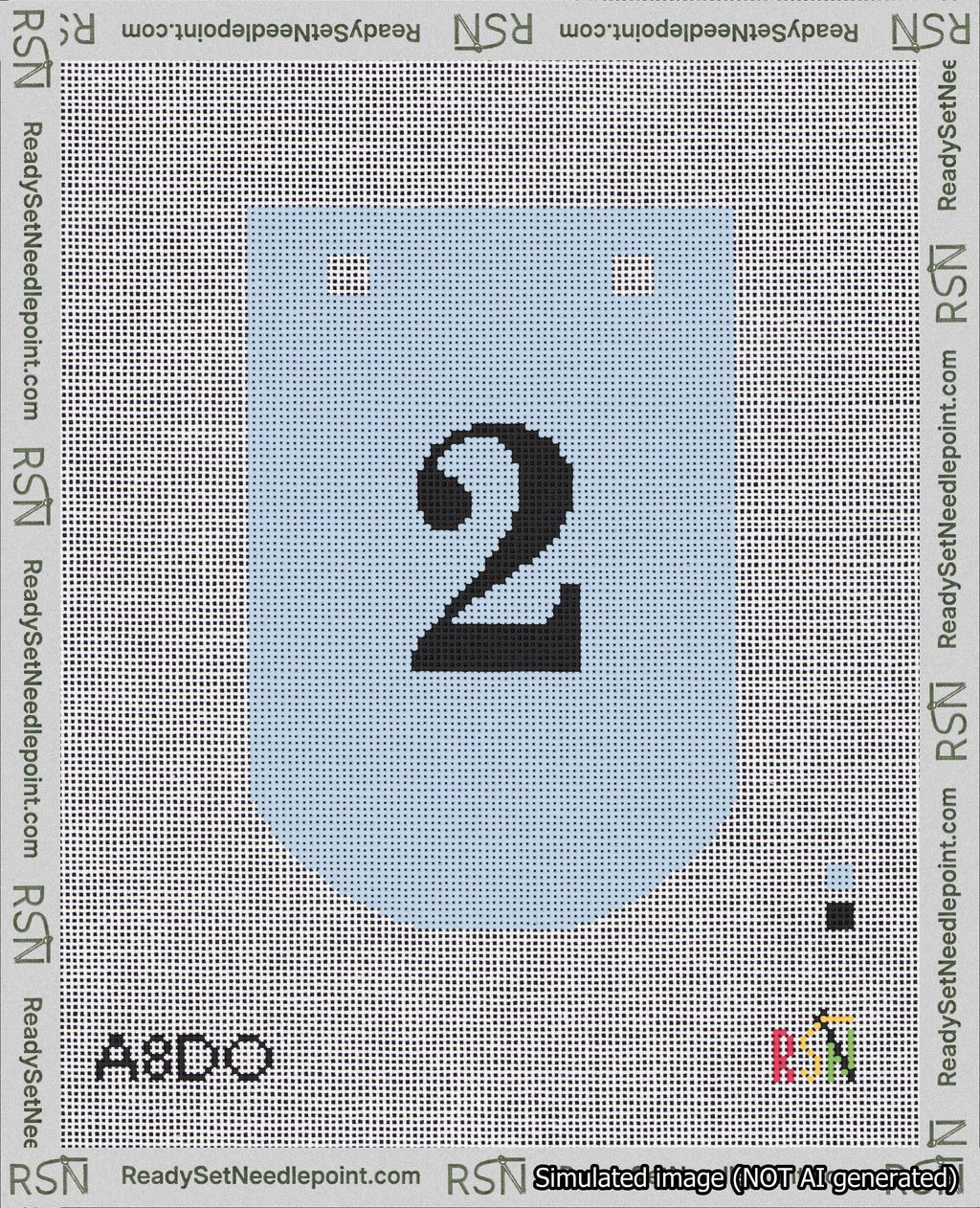 A taped needlepoint canvas with the design: Banner 18 mesh count Curved 2 Black on Light Blue.