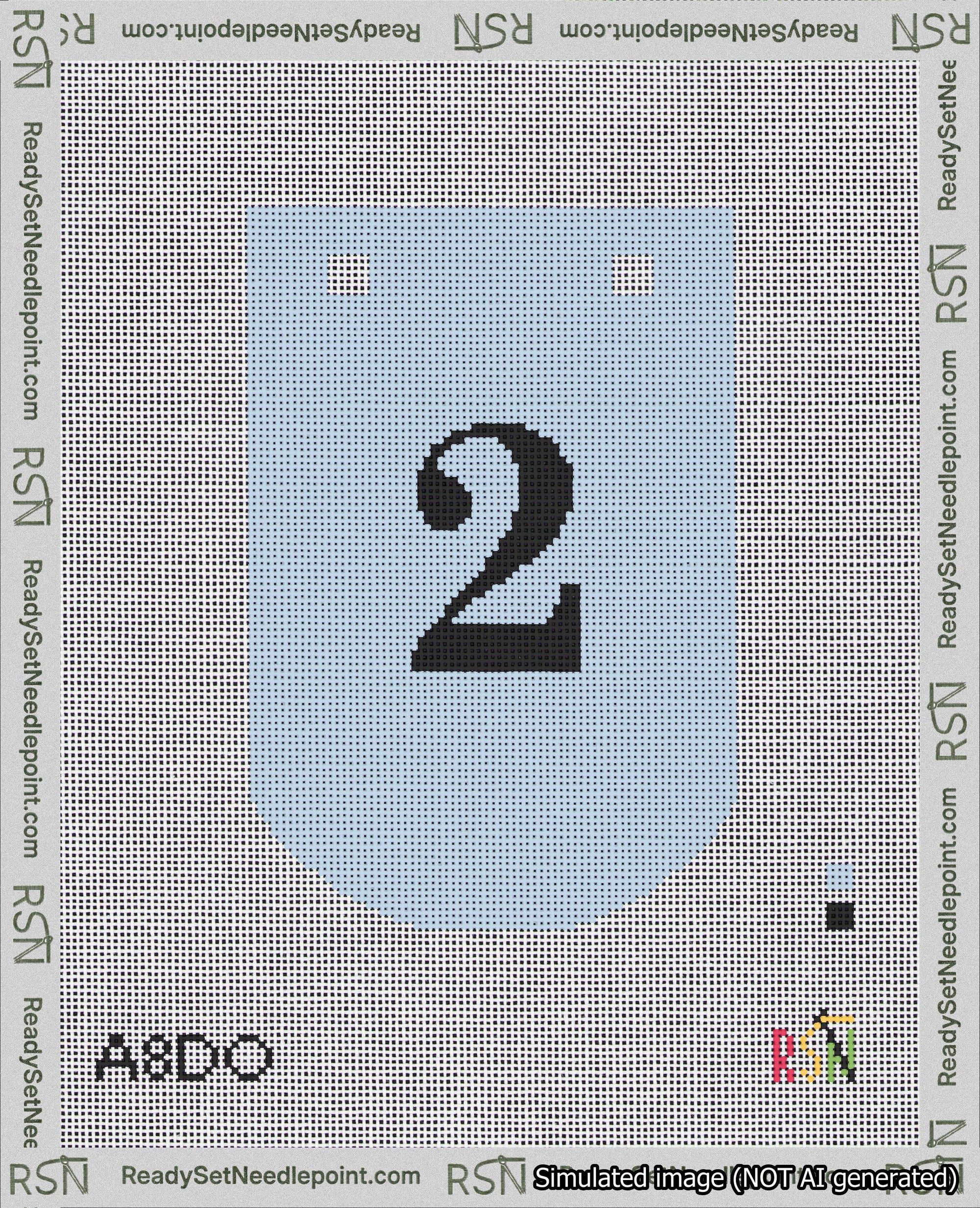 A taped needlepoint canvas with the design: Banner 18 mesh count Curved 2 Black on Light Blue.