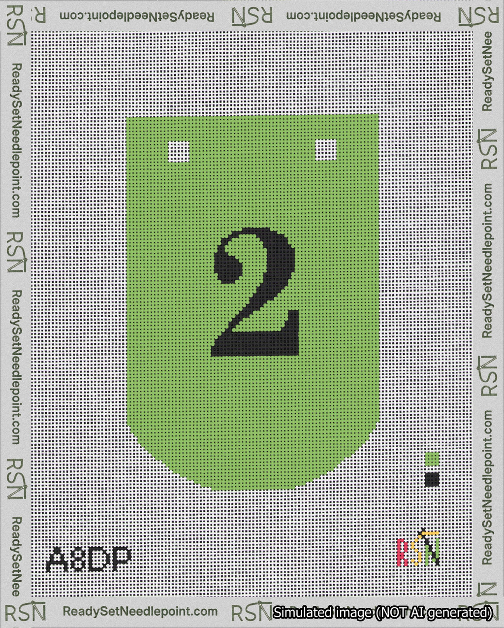 A taped needlepoint canvas with the design: Banner 18 mesh count Curved 2 Black on Light Green.