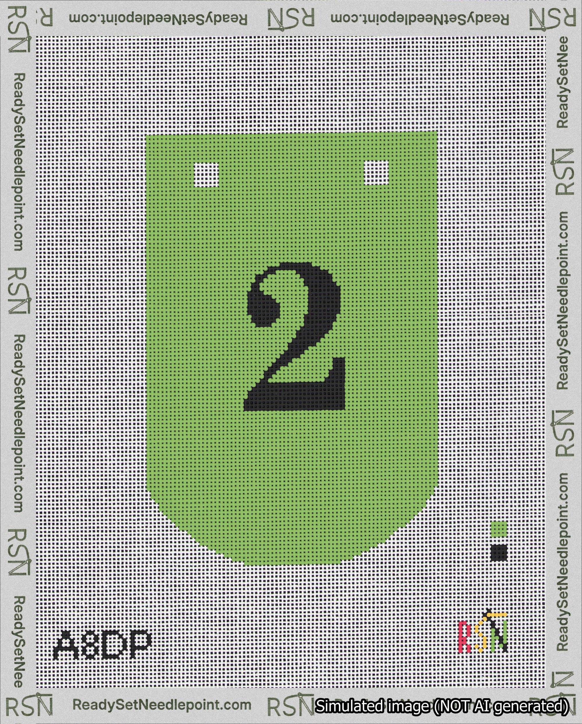 A taped needlepoint canvas with the design: Banner 18 mesh count Curved 2 Black on Light Green.