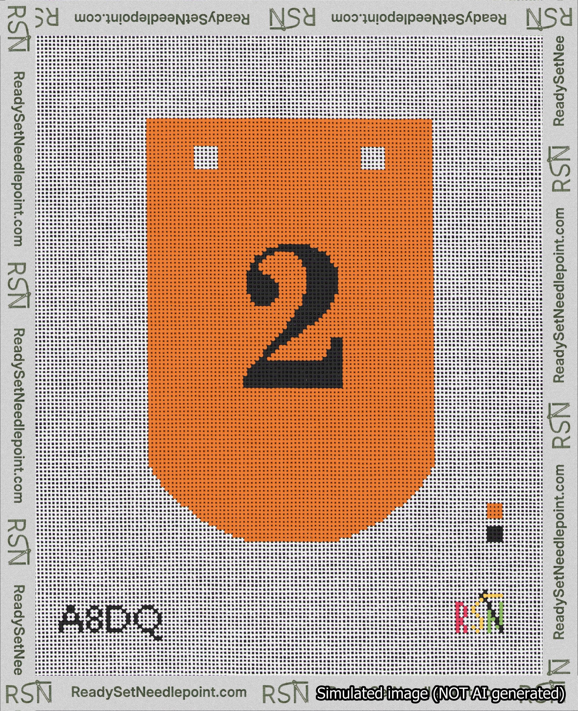 A taped needlepoint canvas with the design: Banner 18 mesh count Curved 2 Black on Orange.