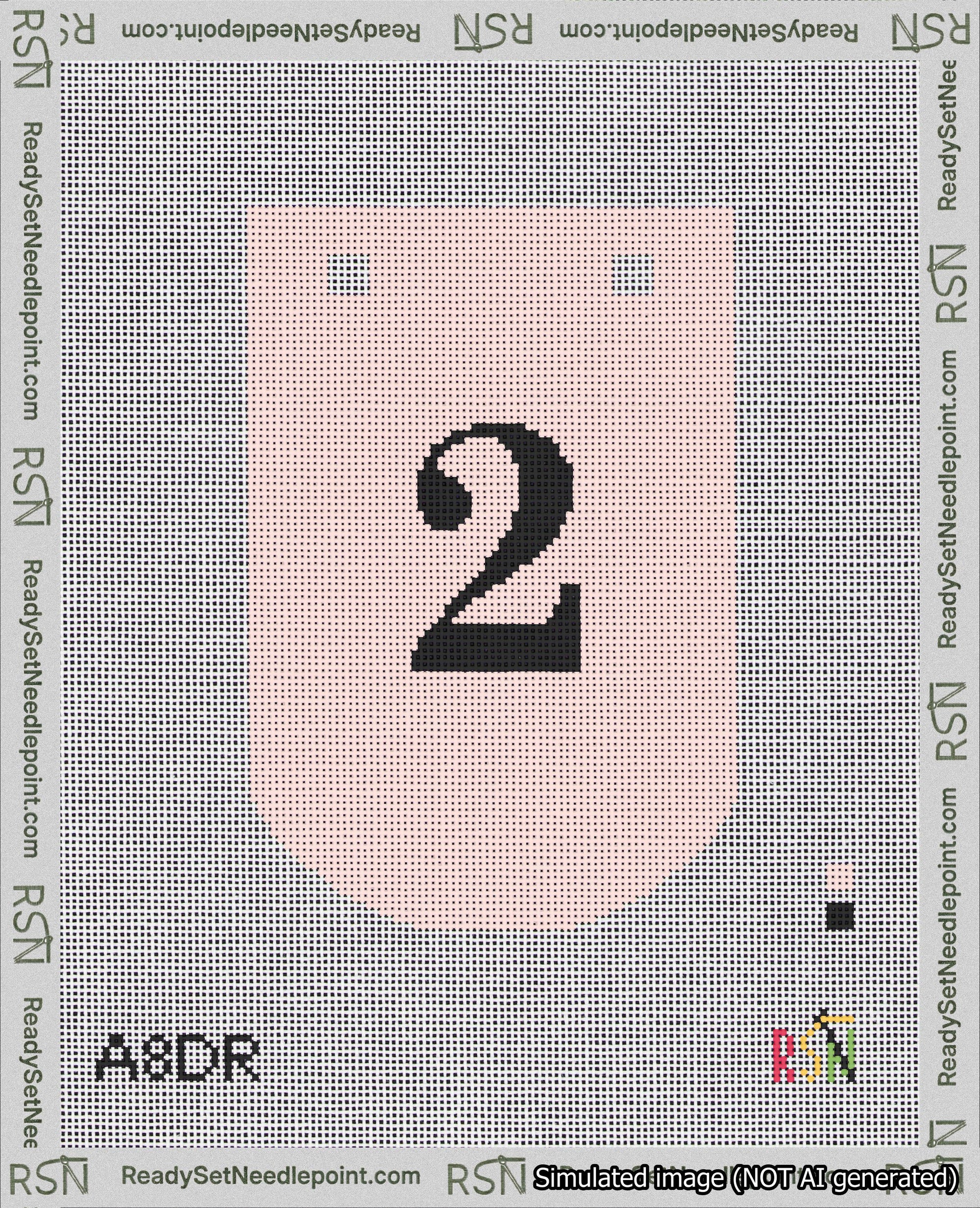 A taped needlepoint canvas with the design: Banner 18 mesh count Curved 2 Black on Pink.