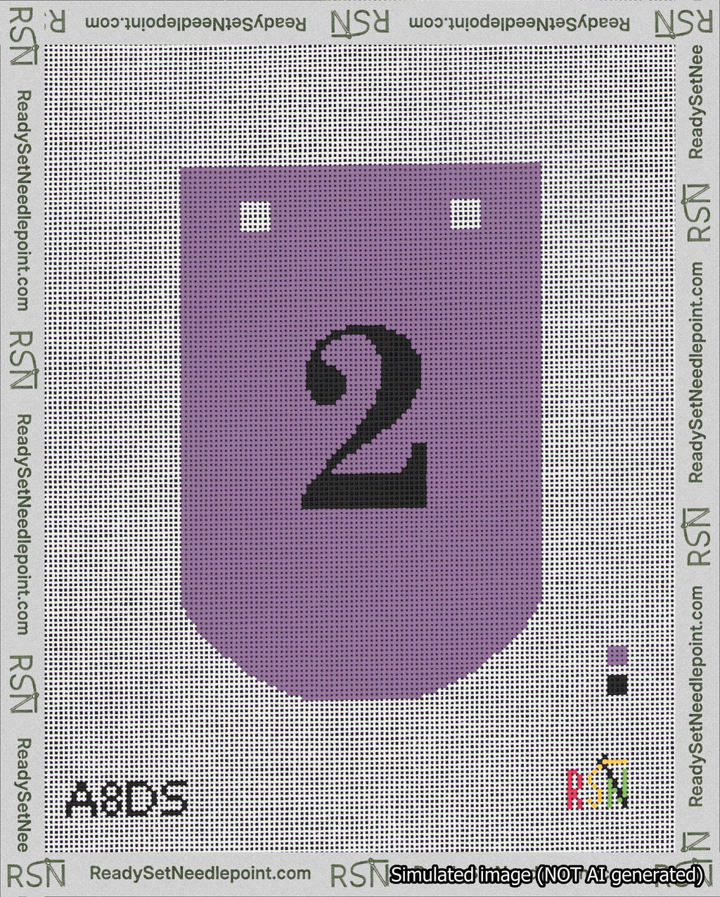 A taped needlepoint canvas with the design: Banner 18 mesh count Curved 2 Black on Purple.