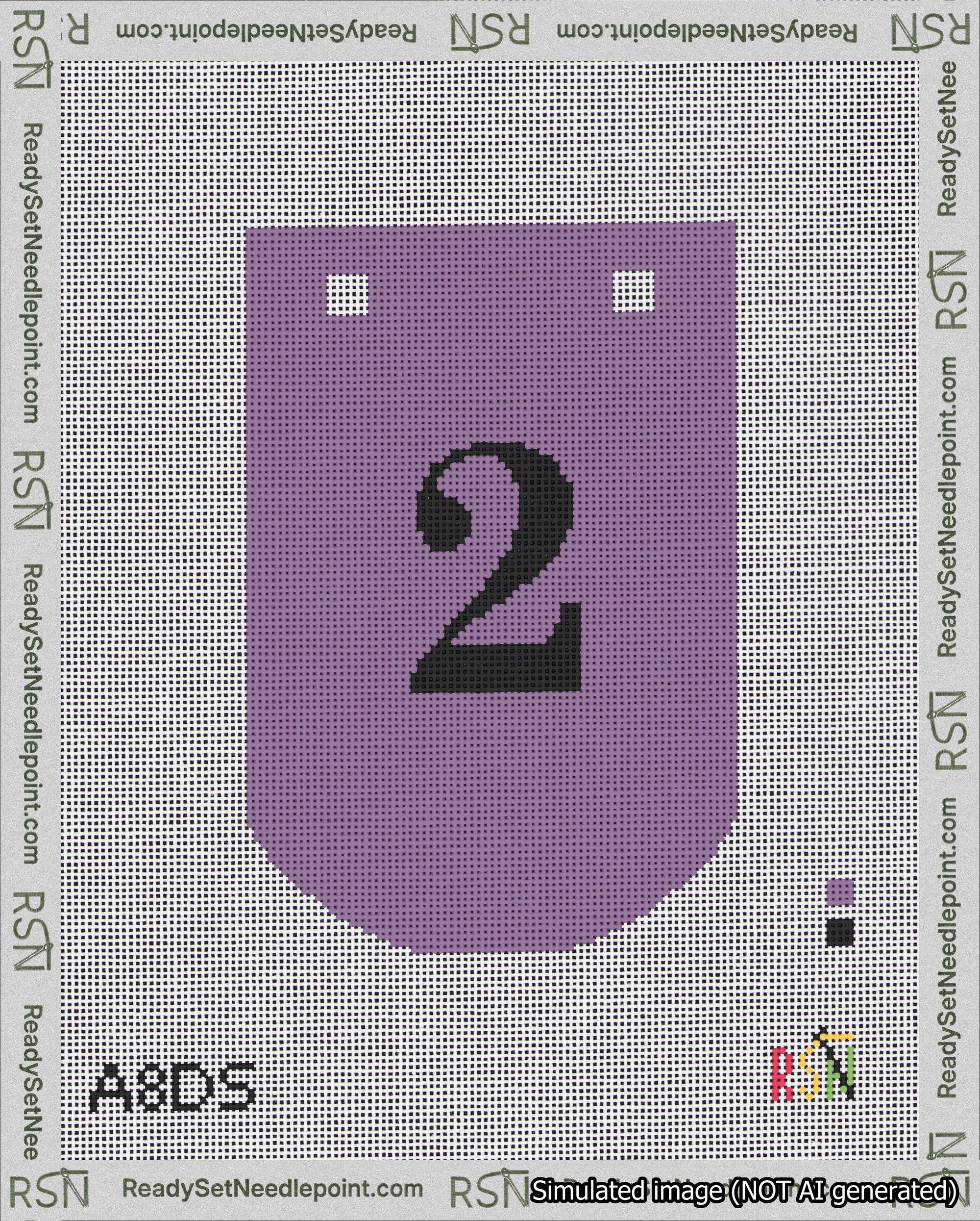 A taped needlepoint canvas with the design: Banner 18 mesh count Curved 2 Black on Purple.
