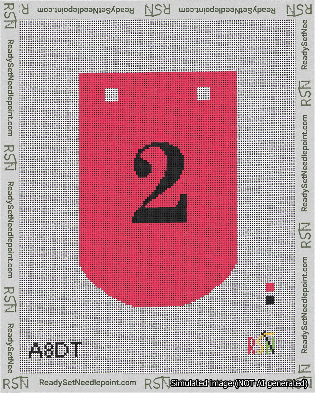 A taped needlepoint canvas with the design: Banner 18 mesh count Curved 2 Black on Red.