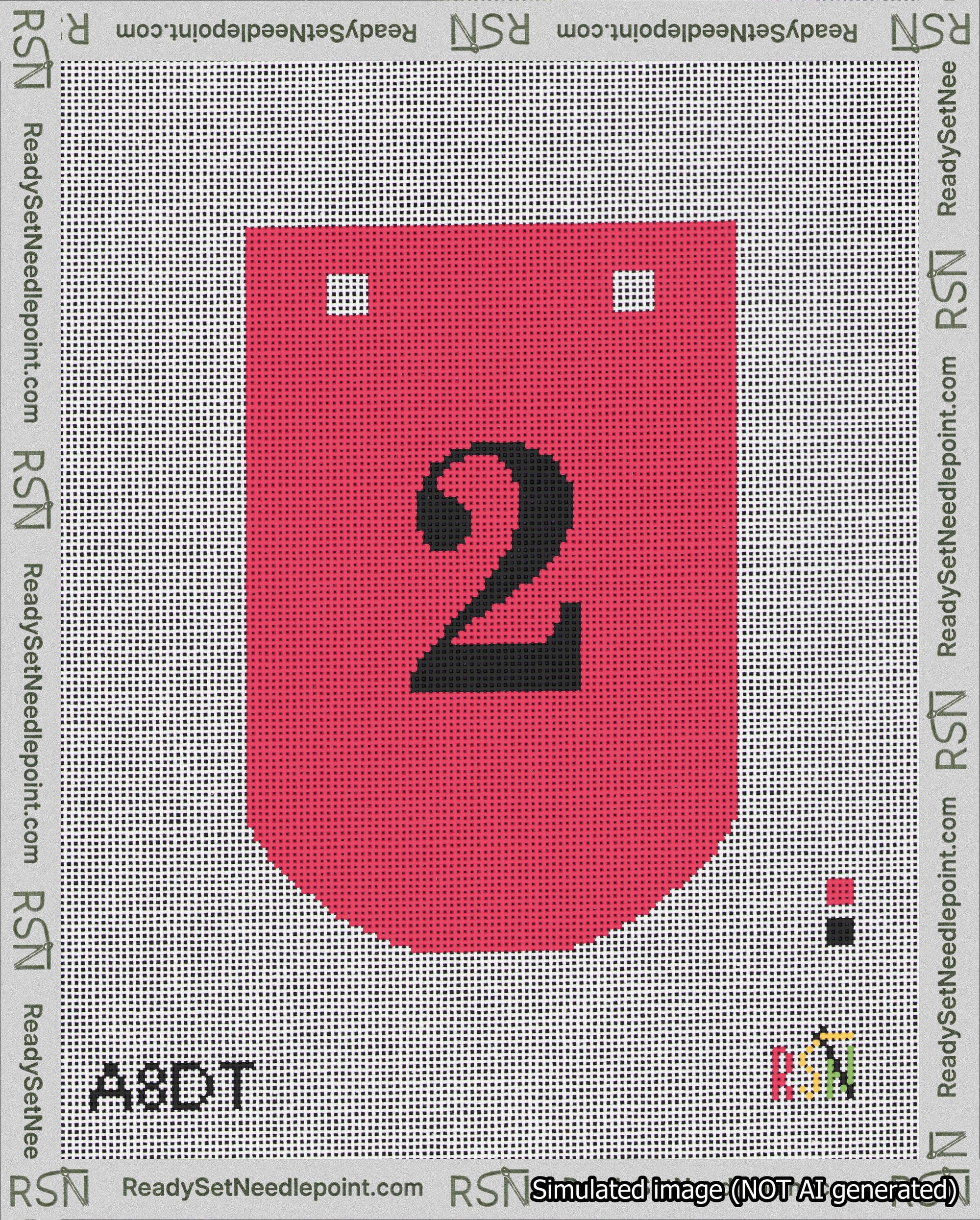 A taped needlepoint canvas with the design: Banner 18 mesh count Curved 2 Black on Red.