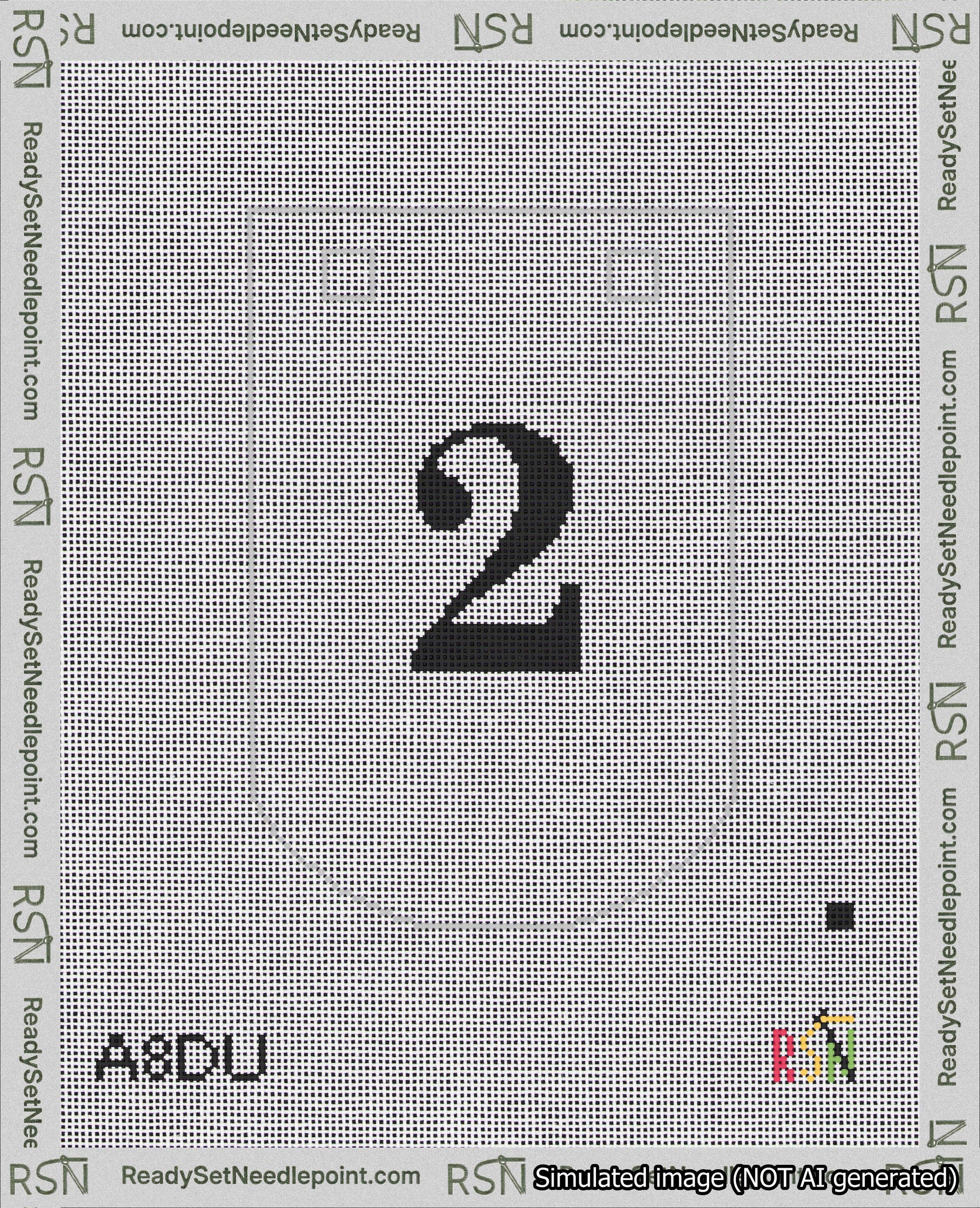 A taped needlepoint canvas with the design: Banner 18 mesh count Curved 2 Black on White.