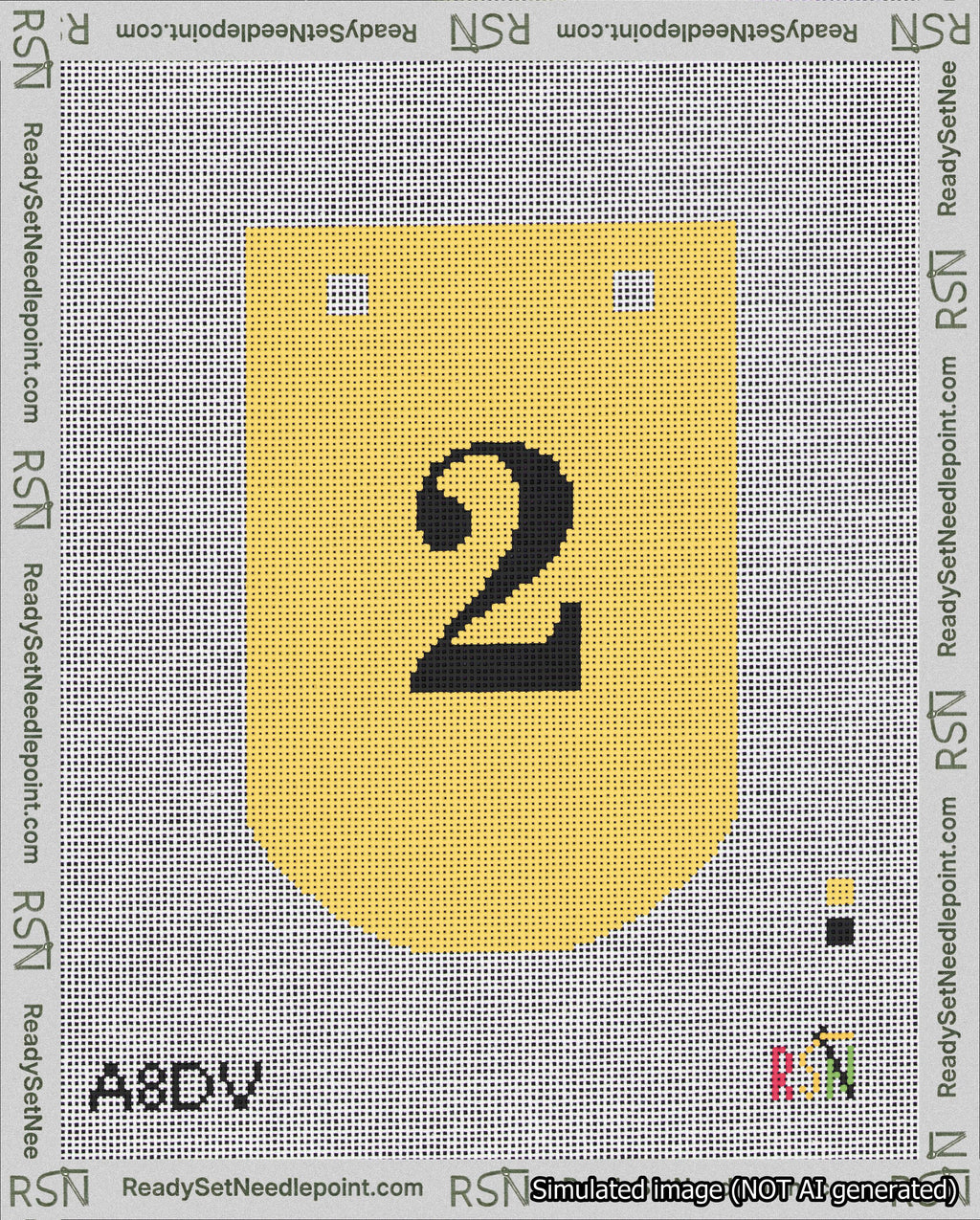 A taped needlepoint canvas with the design: Banner 18 mesh count Curved 2 Black on Yellow.