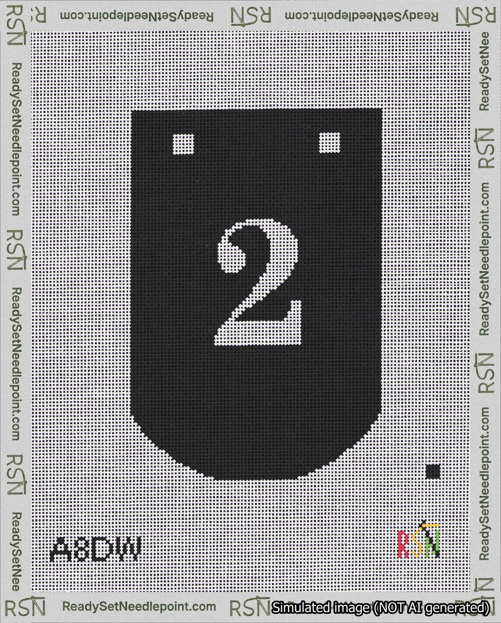 A taped needlepoint canvas with the design: Banner 18 mesh count Curved 2 White on Black.