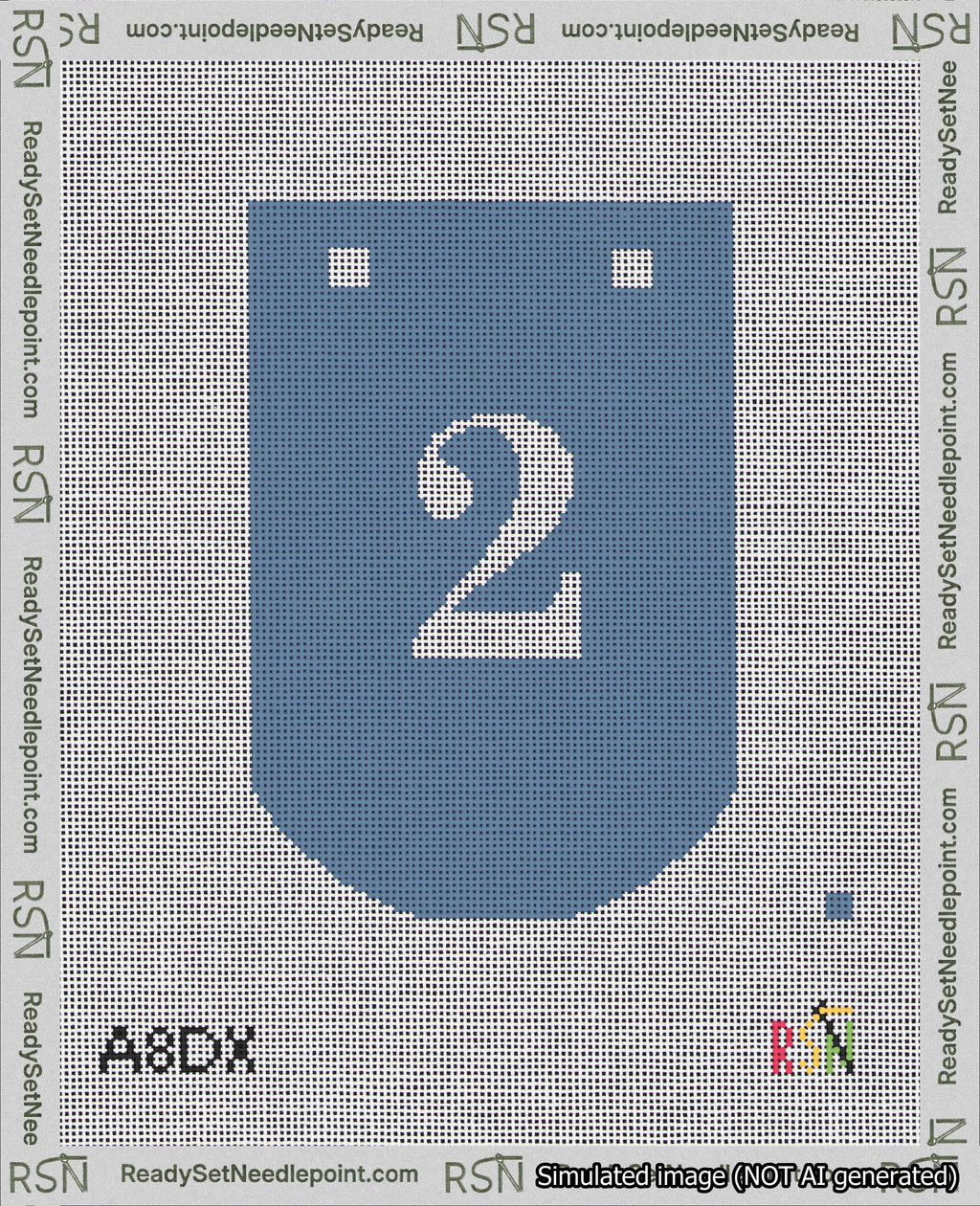 A taped needlepoint canvas with the design: Banner 18 mesh count Curved 2 White on Blue.