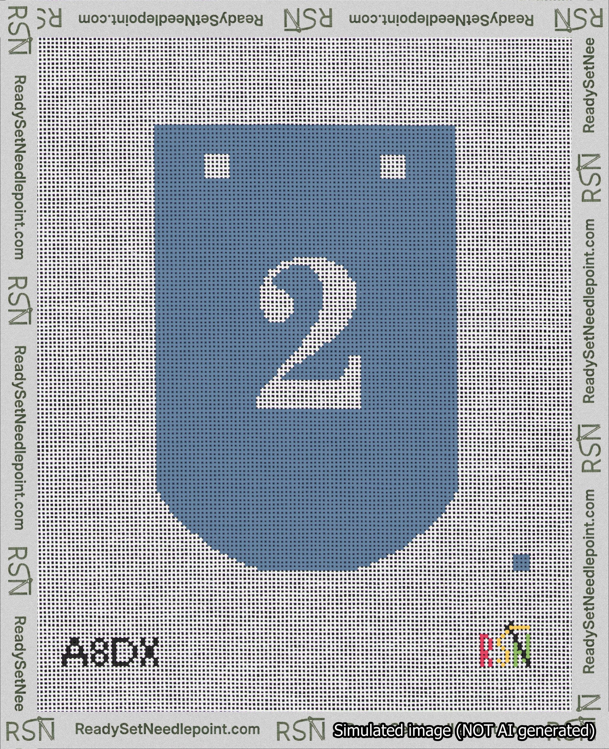 A taped needlepoint canvas with the design: Banner 18 mesh count Curved 2 White on Blue.