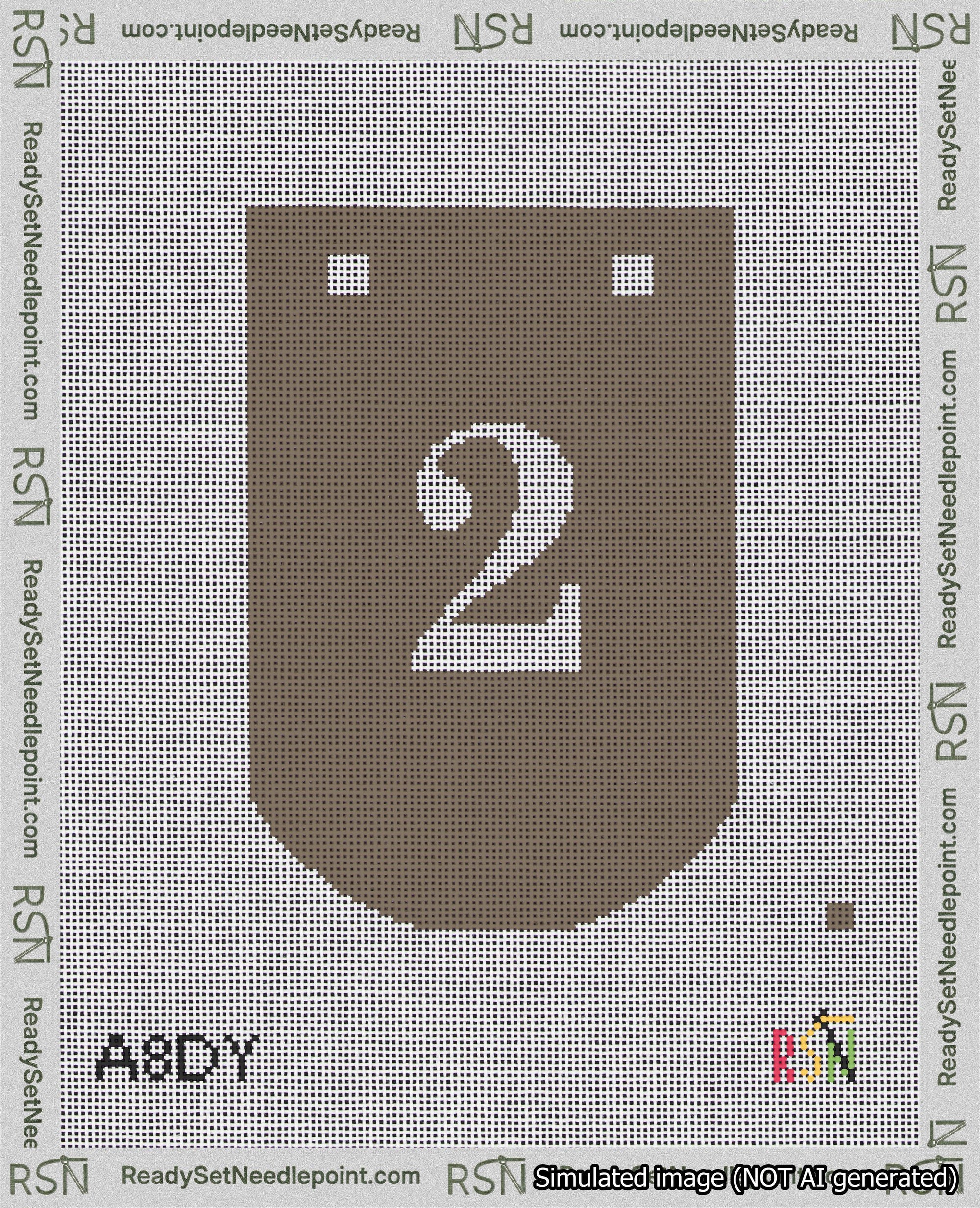 A taped needlepoint canvas with the design: Banner 18 mesh count Curved 2 White on Brown.