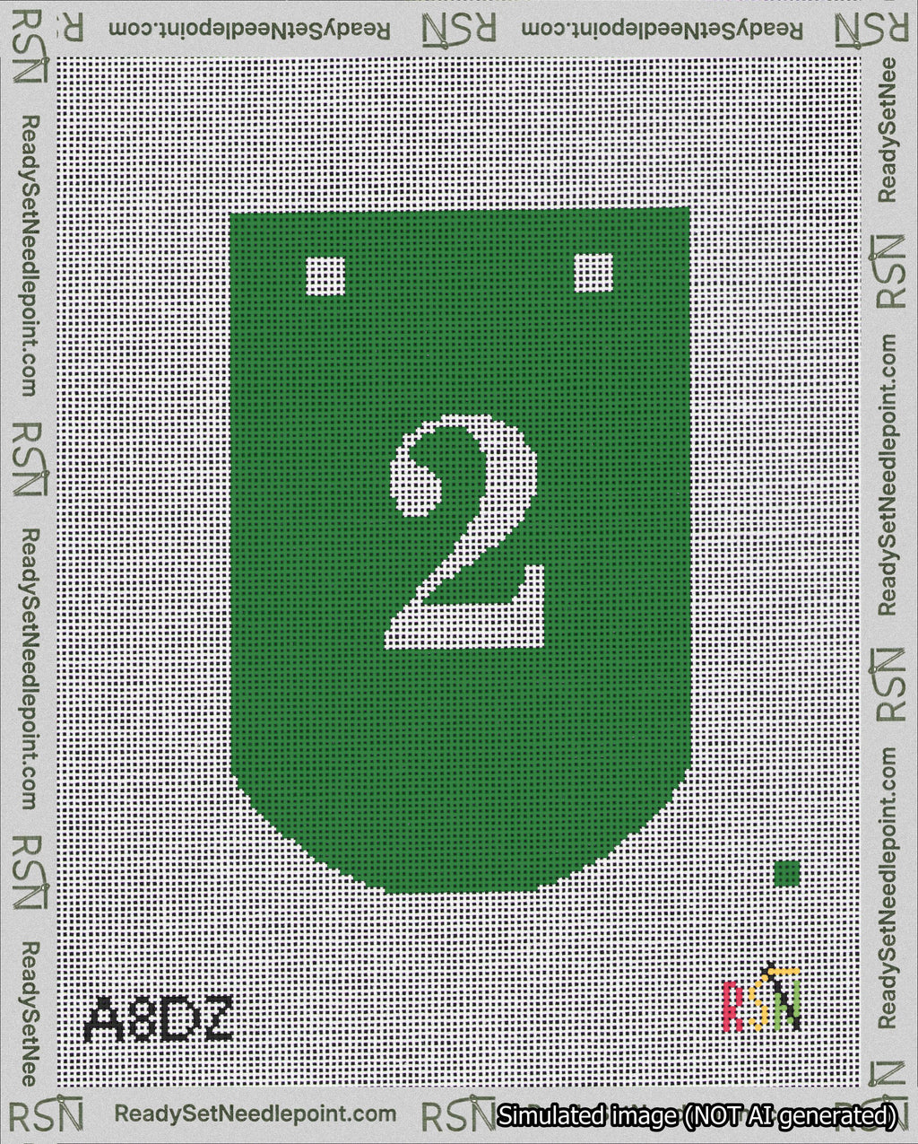A taped needlepoint canvas with the design: Banner 18 mesh count Curved 2 White on Green.