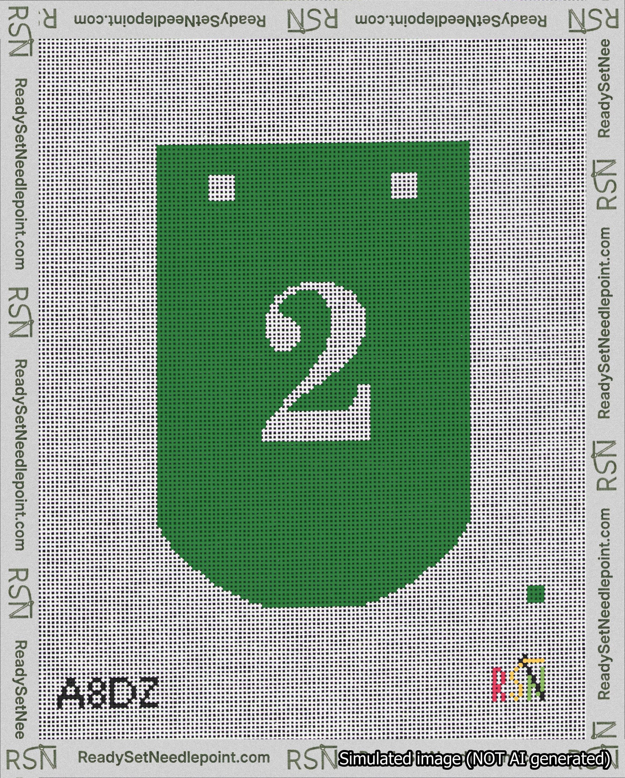A taped needlepoint canvas with the design: Banner 18 mesh count Curved 2 White on Green.