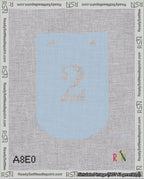 A taped needlepoint canvas with the design: Banner 18 mesh count Curved 2 White on Light Blue.