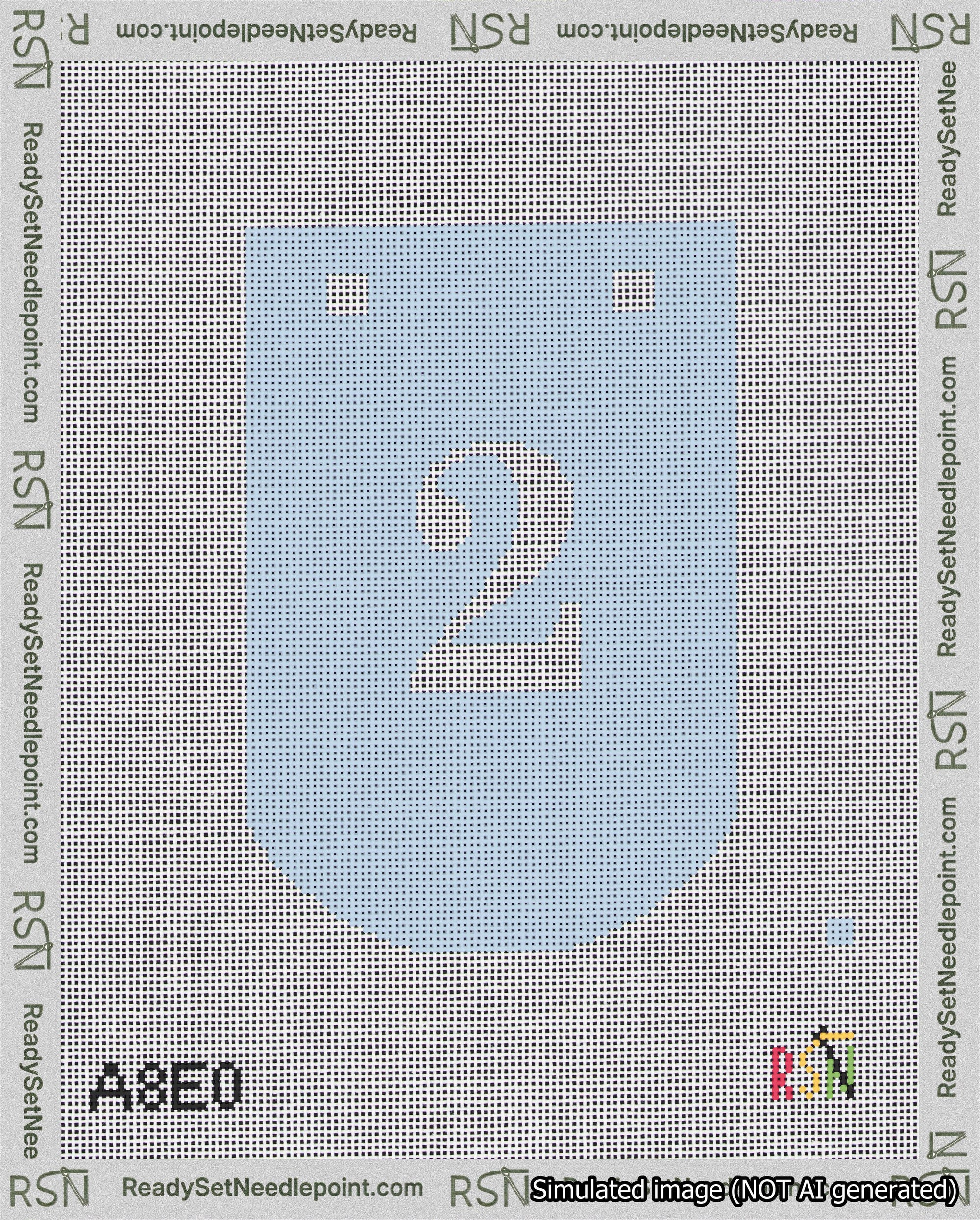 A taped needlepoint canvas with the design: Banner 18 mesh count Curved 2 White on Light Blue.