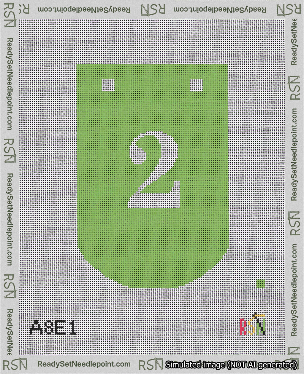A taped needlepoint canvas with the design: Banner 18 mesh count Curved 2 White on Light Green.