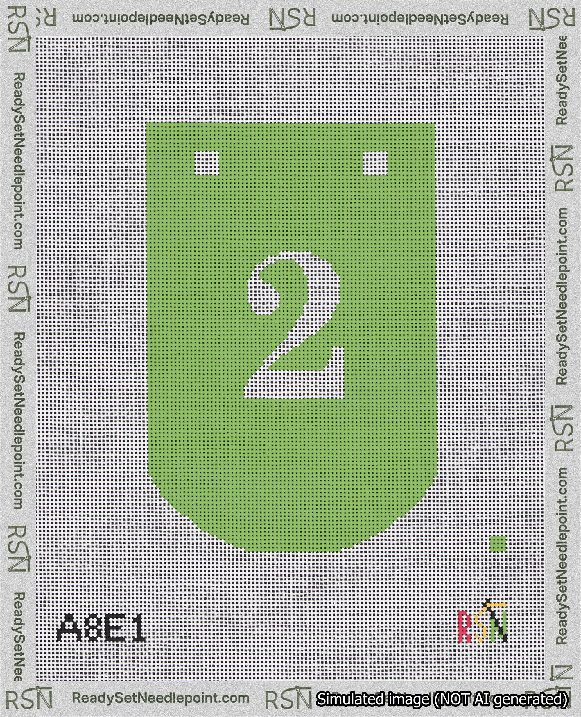 A taped needlepoint canvas with the design: Banner 18 mesh count Curved 2 White on Light Green.