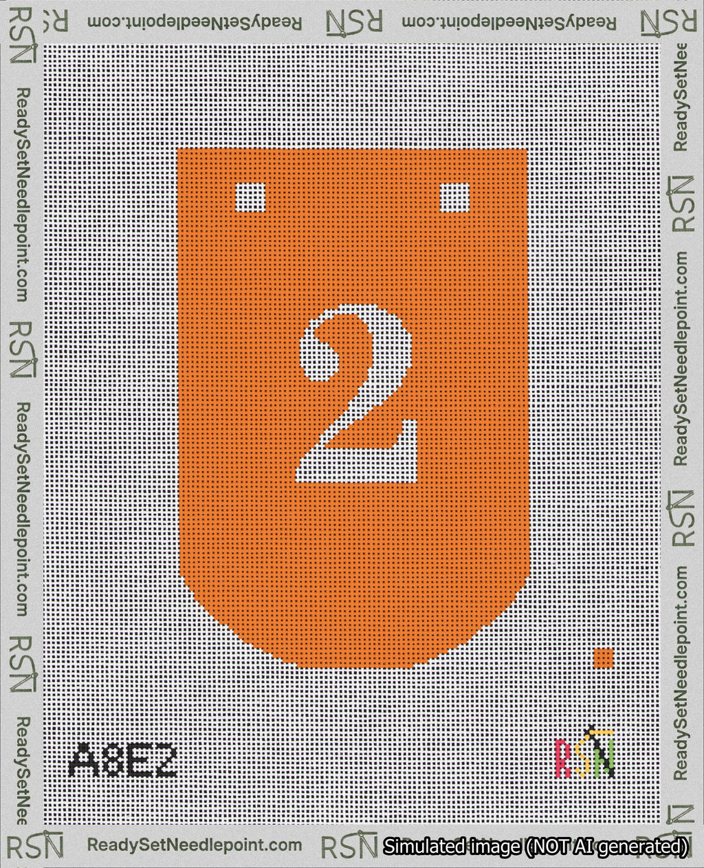 A taped needlepoint canvas with the design: Banner 18 mesh count Curved 2 White on Orange.