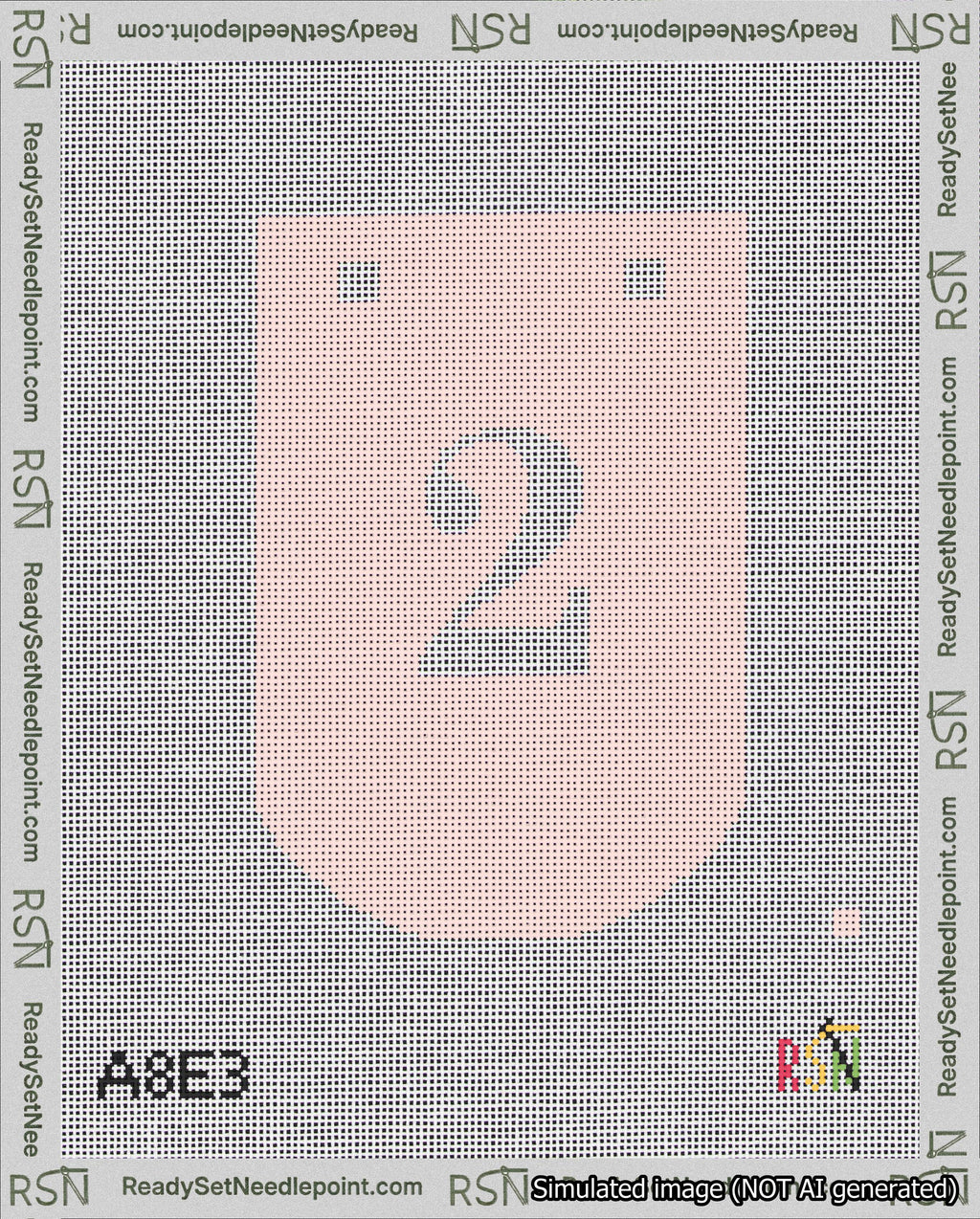A taped needlepoint canvas with the design: Banner 18 mesh count Curved 2 White on Pink.
