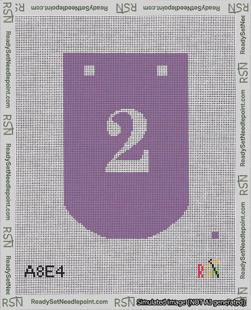 A taped needlepoint canvas with the design: Banner 18 mesh count Curved 2 White on Purple.