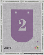 A taped needlepoint canvas with the design: Banner 18 mesh count Curved 2 White on Purple.