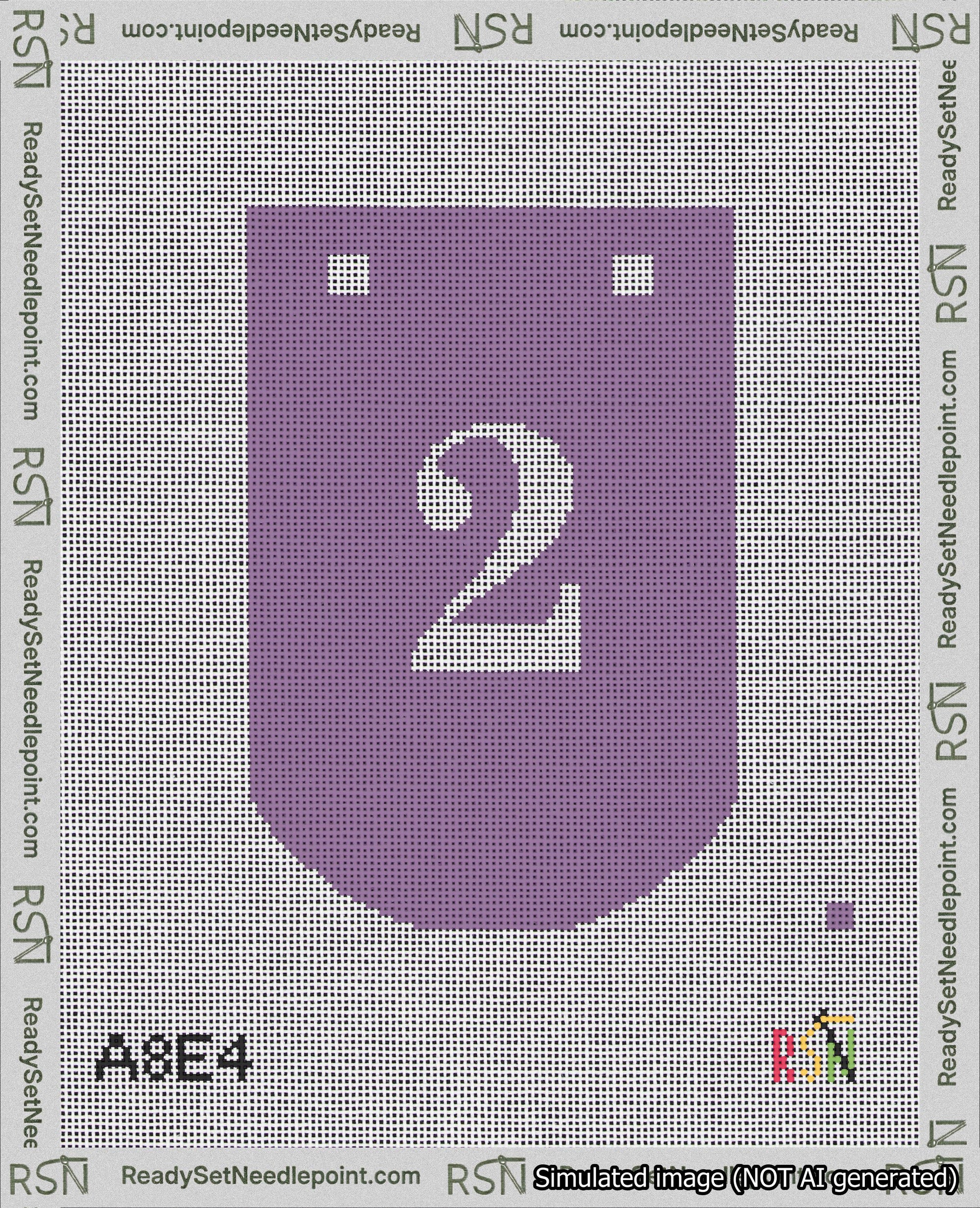 A taped needlepoint canvas with the design: Banner 18 mesh count Curved 2 White on Purple.