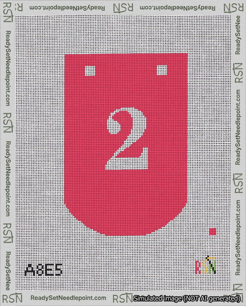 A taped needlepoint canvas with the design: Banner 18 mesh count Curved 2 White on Red.