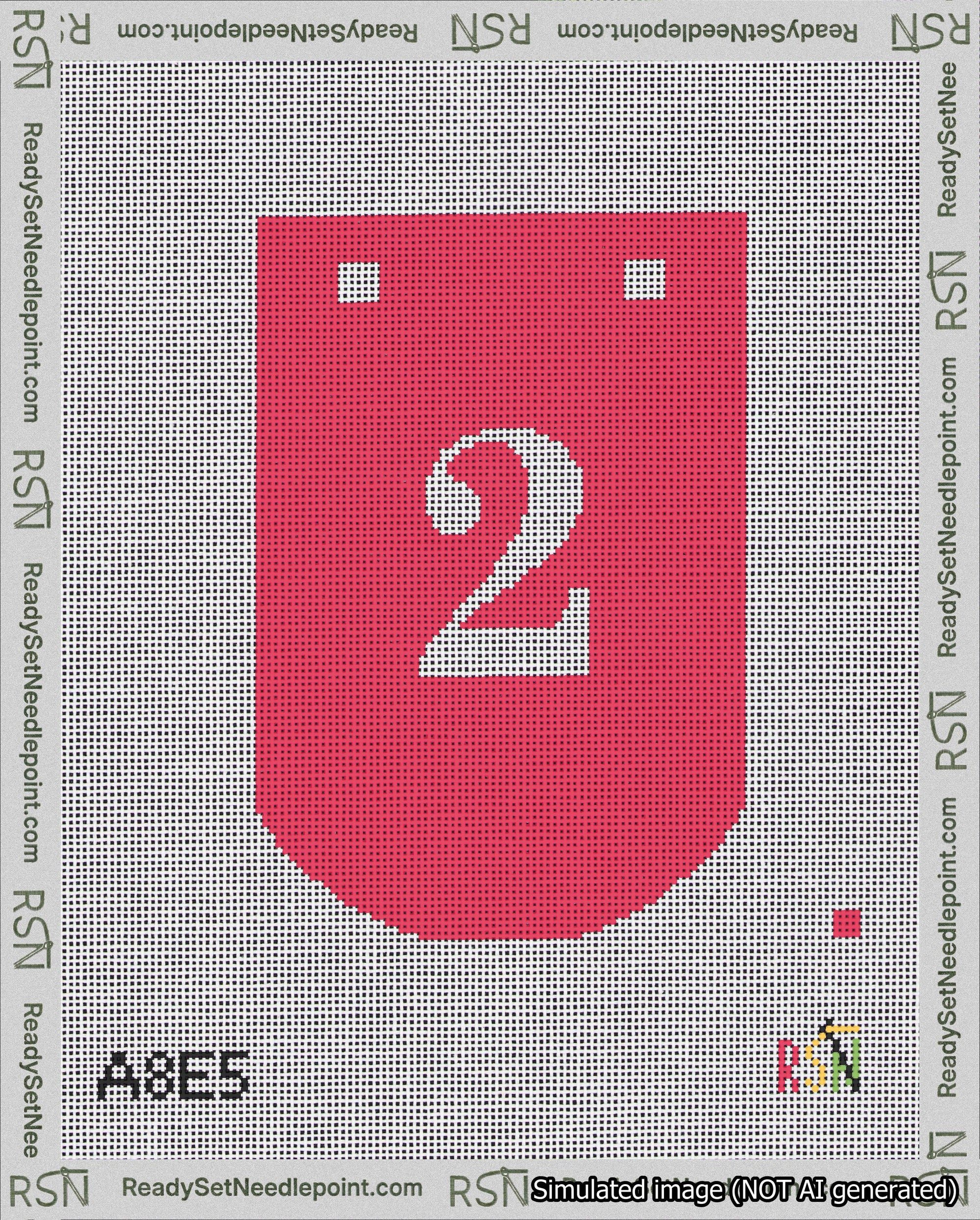 A taped needlepoint canvas with the design: Banner 18 mesh count Curved 2 White on Red.