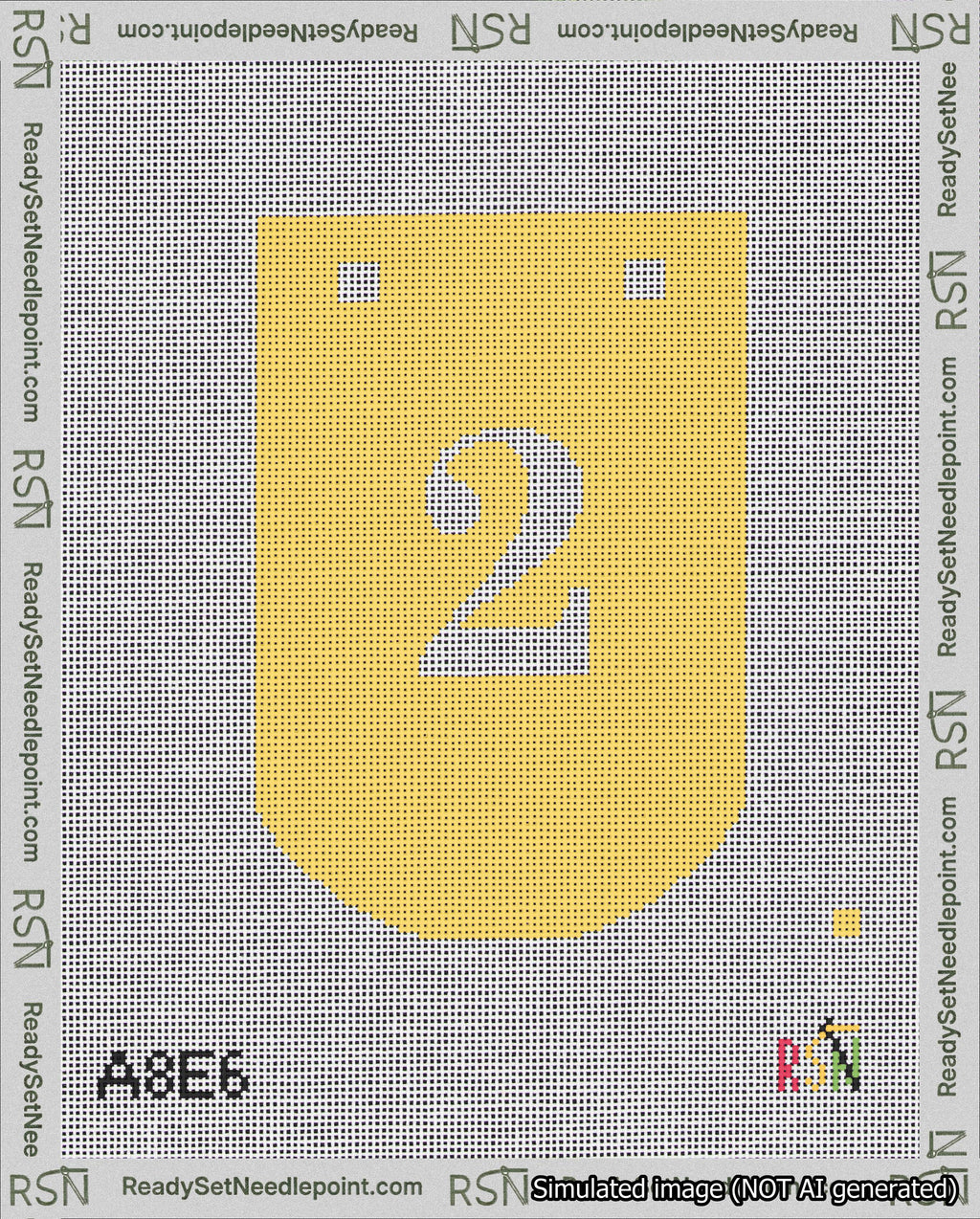 A taped needlepoint canvas with the design: Banner 18 mesh count Curved 2 White on Yellow.