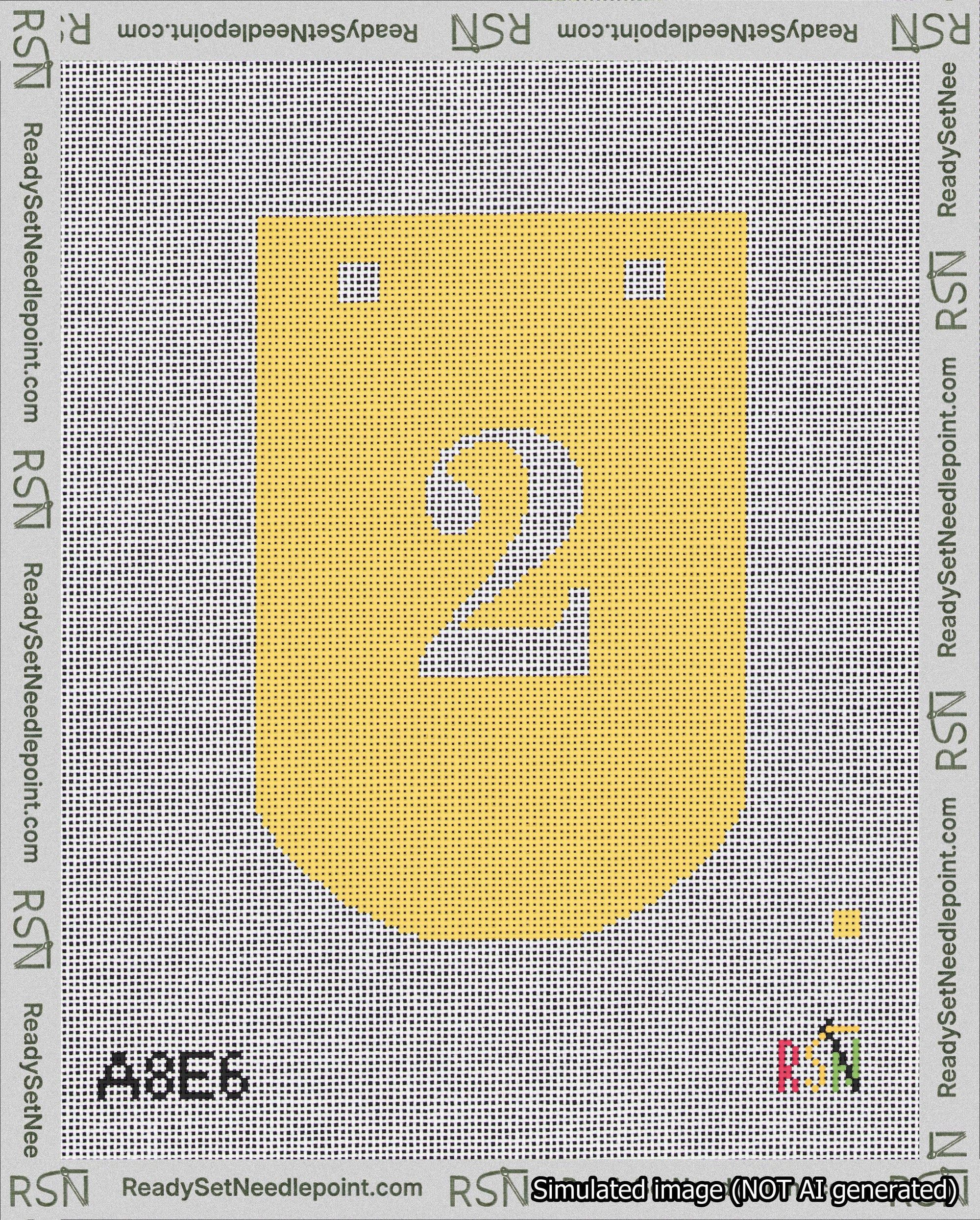 A taped needlepoint canvas with the design: Banner 18 mesh count Curved 2 White on Yellow.