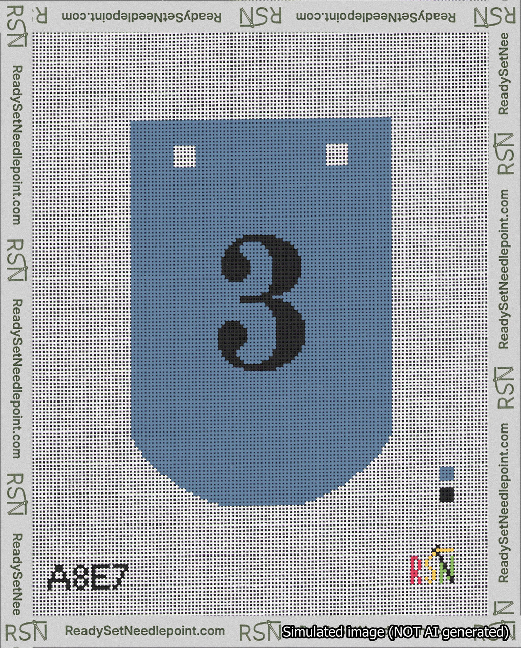 A taped needlepoint canvas with the design: Banner 18 mesh count Curved 3 Black on Blue.