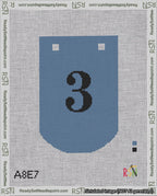 A taped needlepoint canvas with the design: Banner 18 mesh count Curved 3 Black on Blue.
