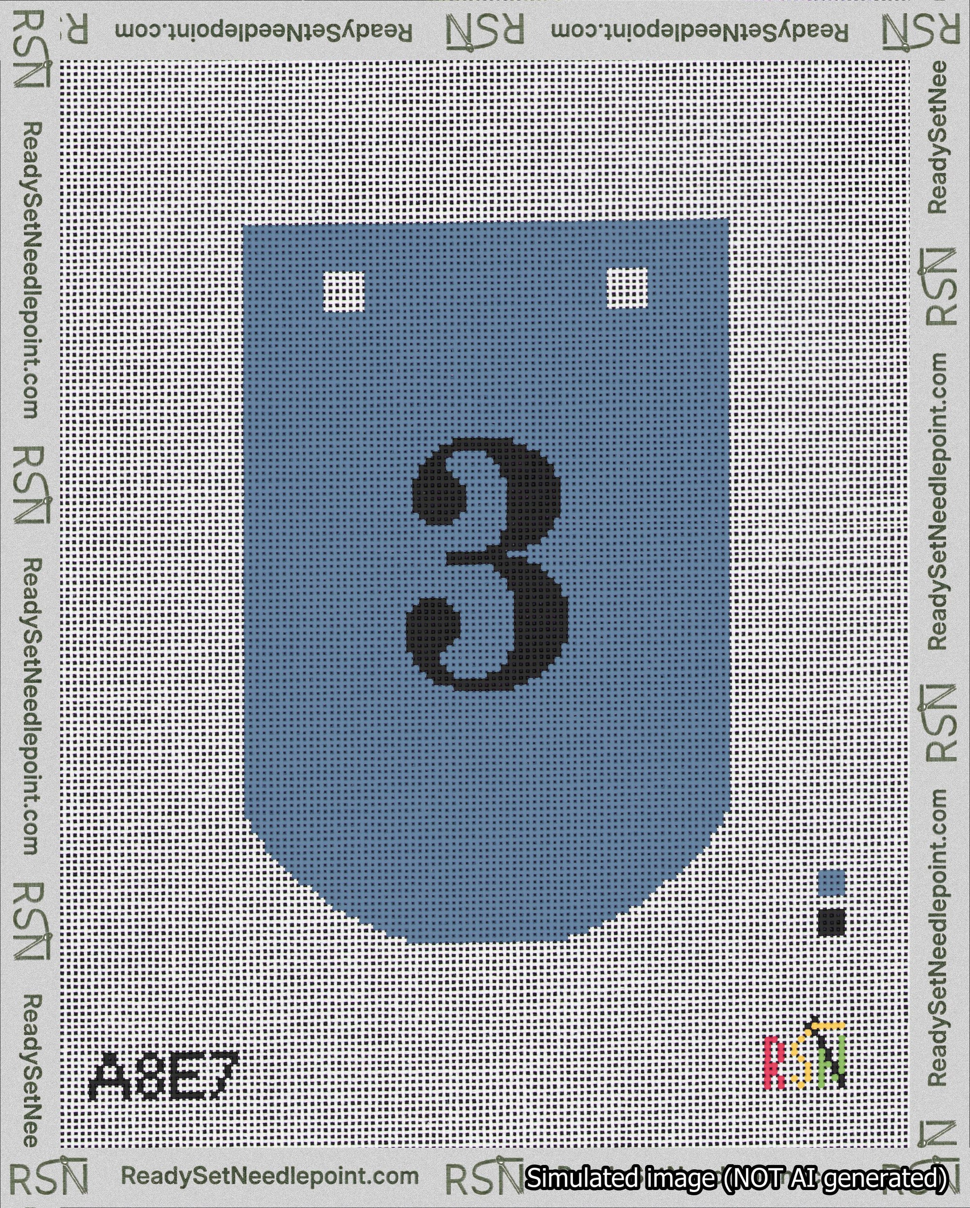A taped needlepoint canvas with the design: Banner 18 mesh count Curved 3 Black on Blue.