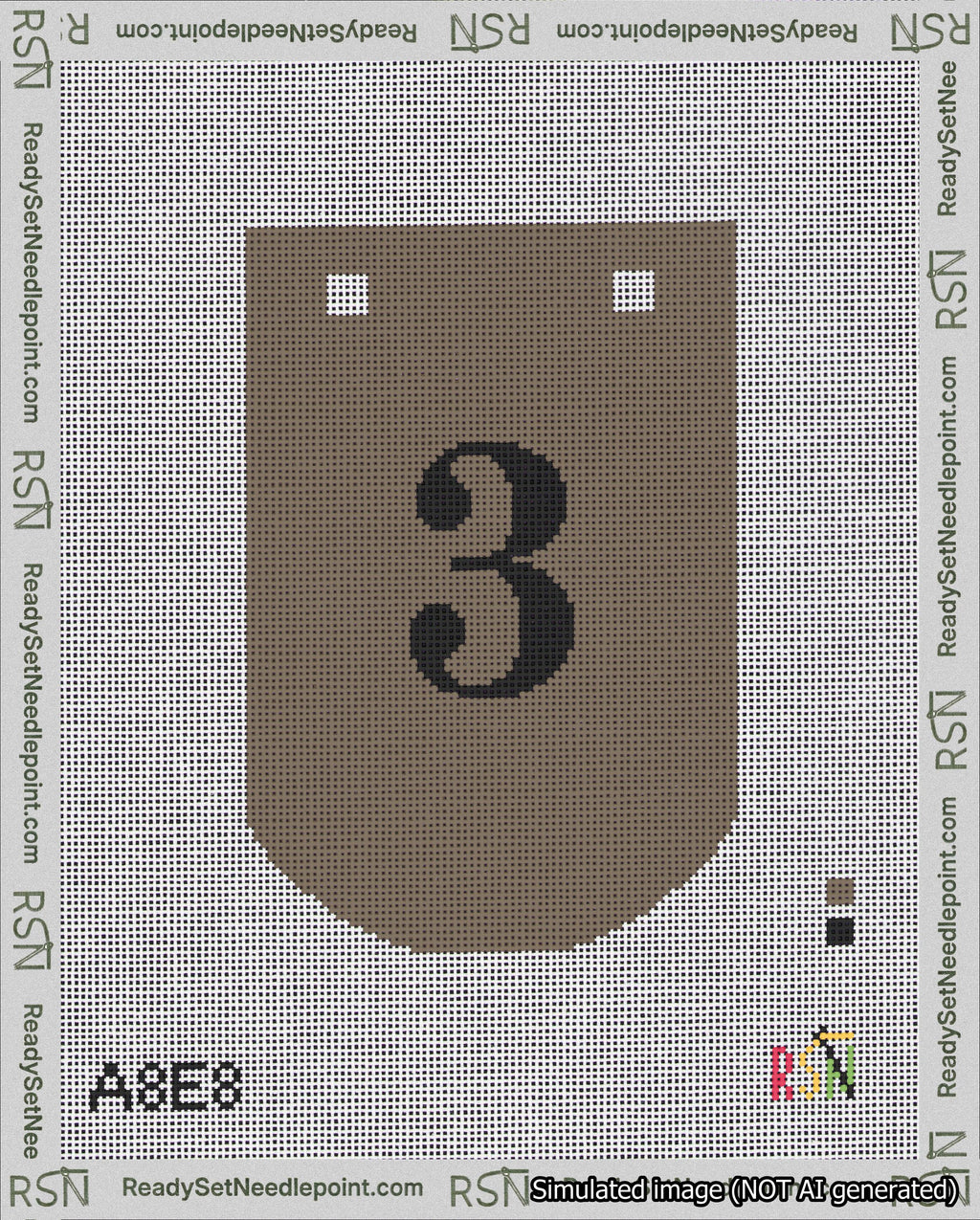 A taped needlepoint canvas with the design: Banner 18 mesh count Curved 3 Black on Brown.
