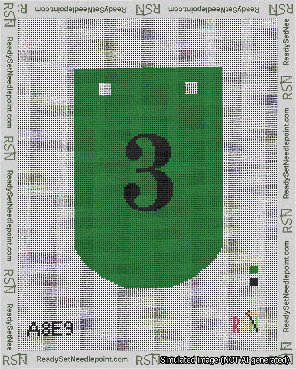 A taped needlepoint canvas with the design: Banner 18 mesh count Curved 3 Black on Green.