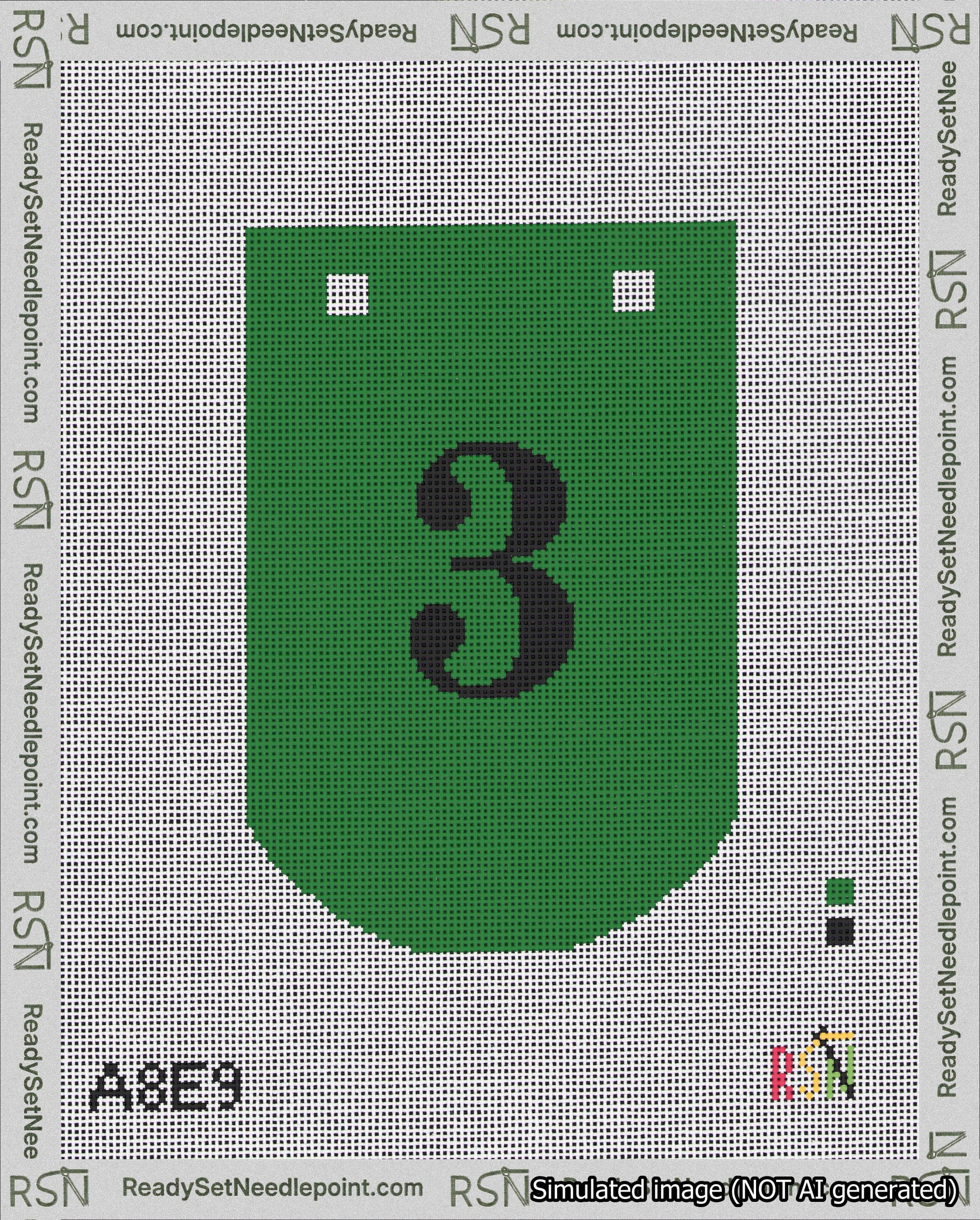 A taped needlepoint canvas with the design: Banner 18 mesh count Curved 3 Black on Green.