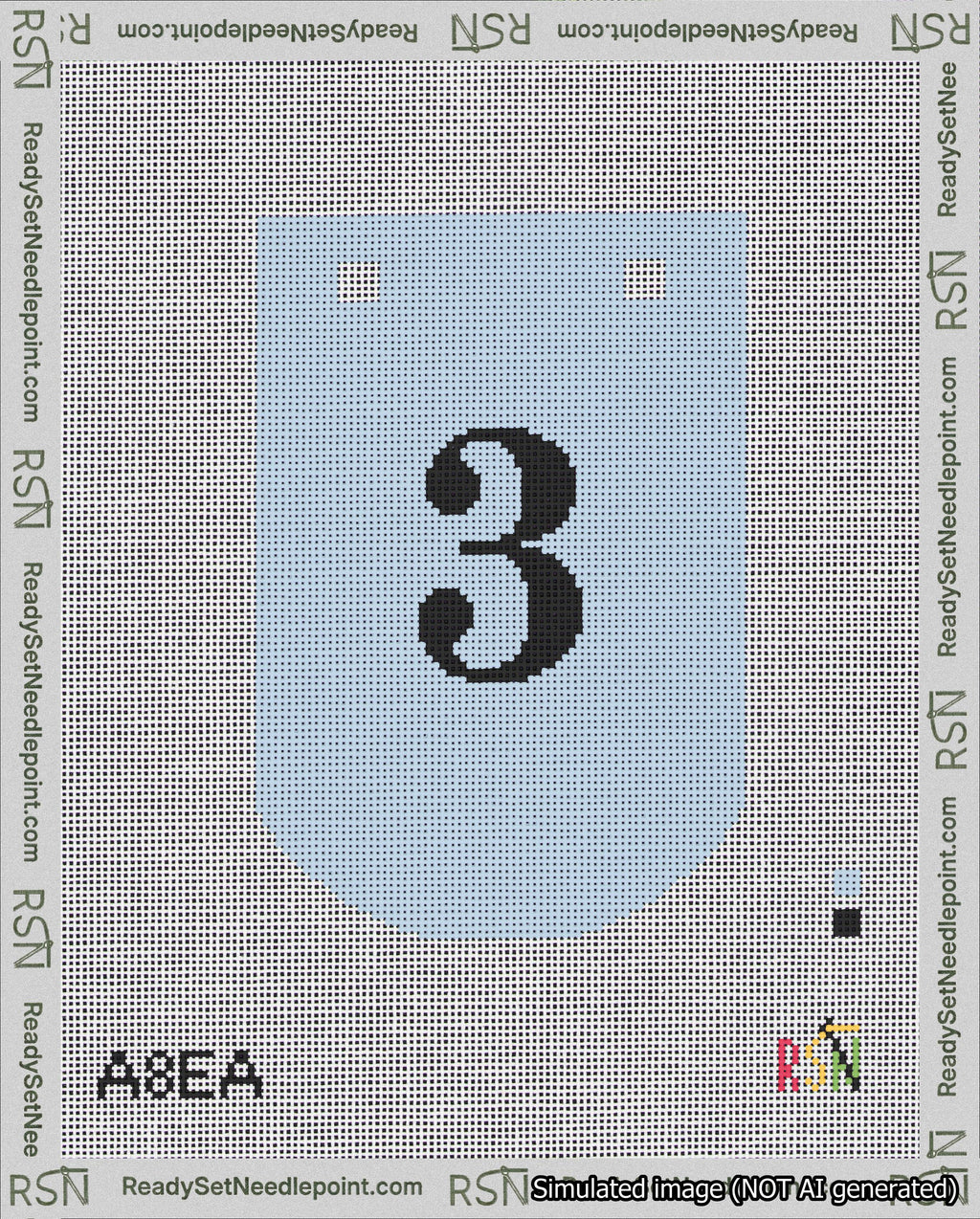 A taped needlepoint canvas with the design: Banner 18 mesh count Curved 3 Black on Light Blue.