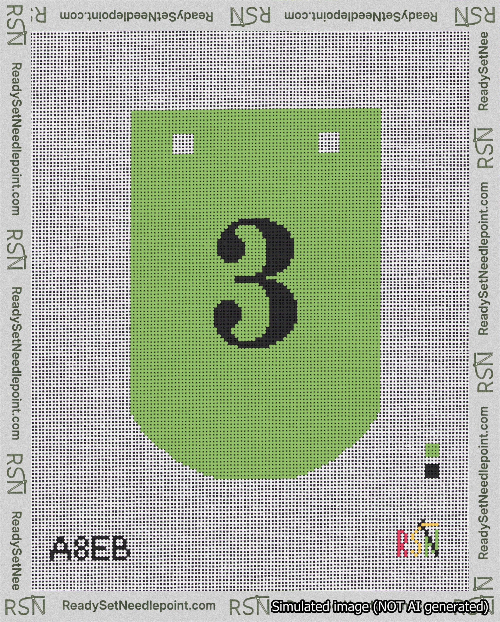 A taped needlepoint canvas with the design: Banner 18 mesh count Curved 3 Black on Light Green.