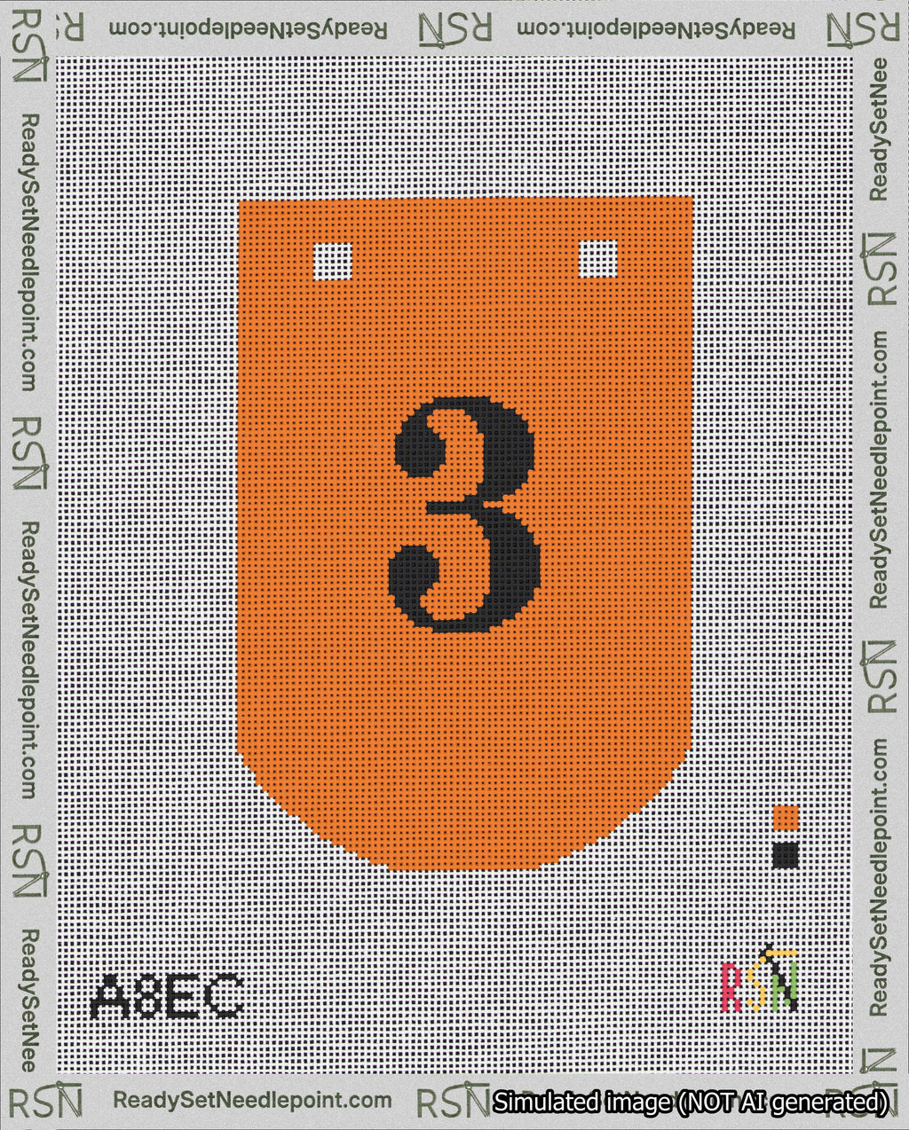 A taped needlepoint canvas with the design: Banner 18 mesh count Curved 3 Black on Orange.