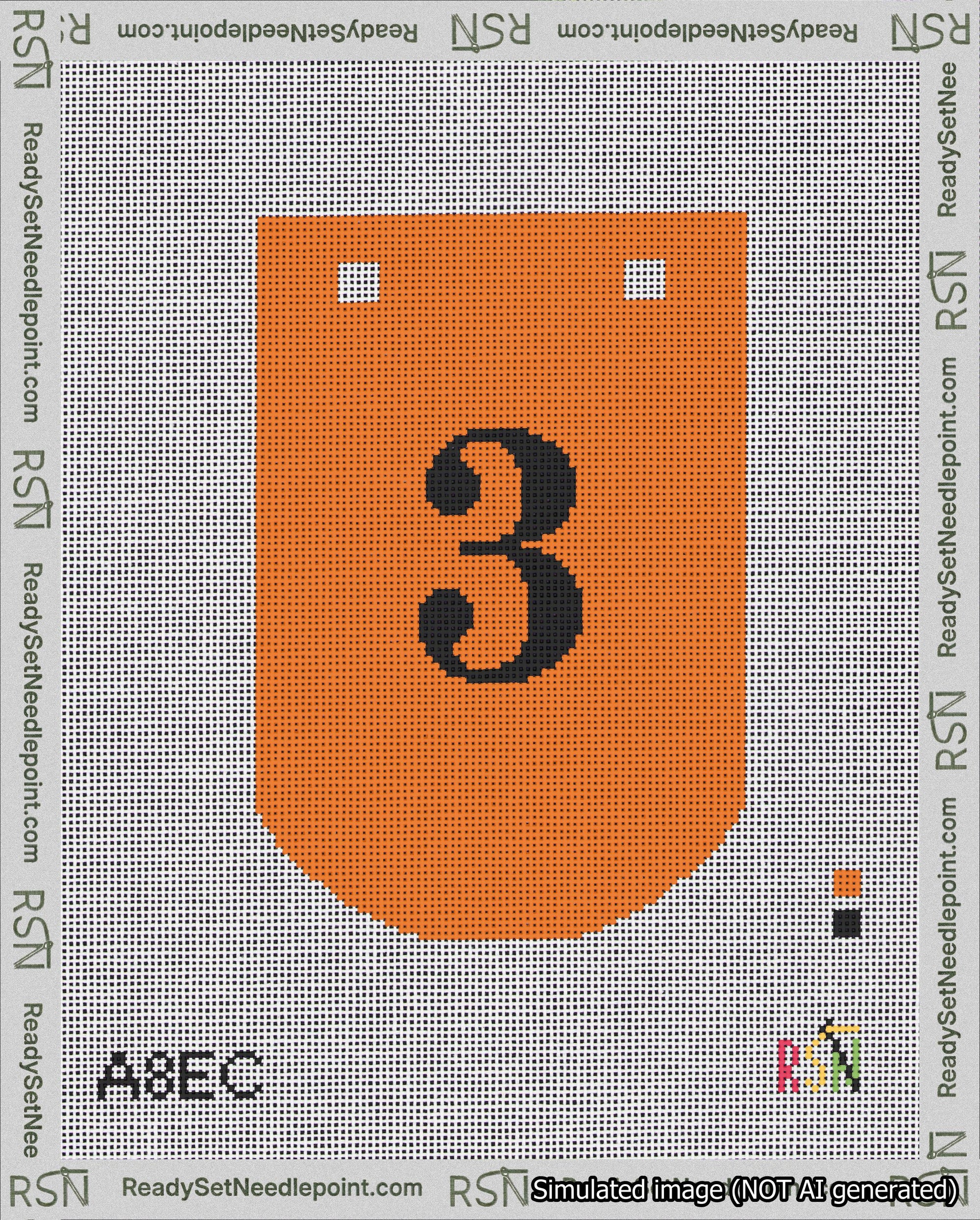 A taped needlepoint canvas with the design: Banner 18 mesh count Curved 3 Black on Orange.