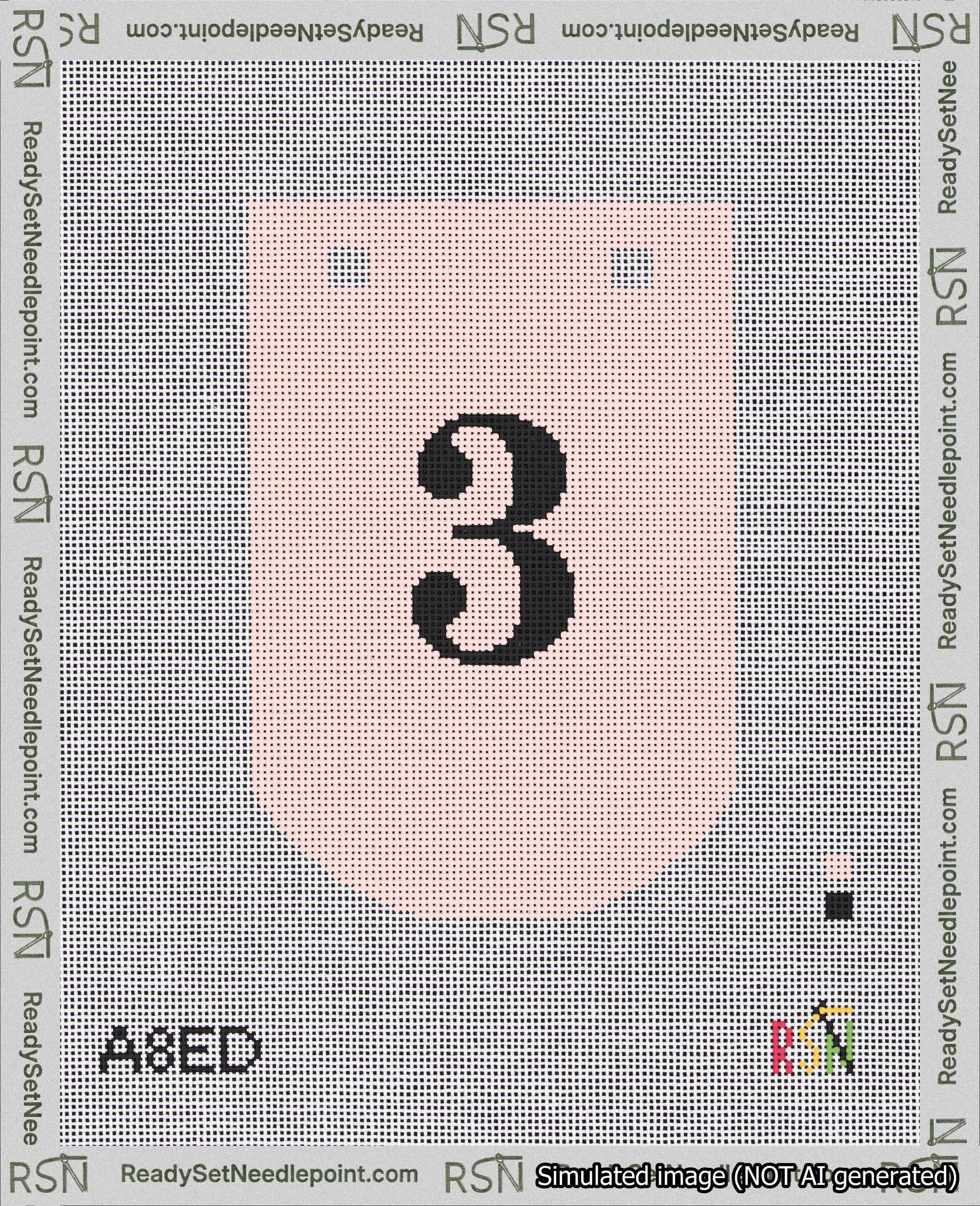 A taped needlepoint canvas with the design: Banner 18 mesh count Curved 3 Black on Pink.