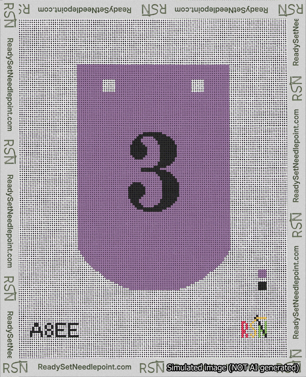 A taped needlepoint canvas with the design: Banner 18 mesh count Curved 3 Black on Purple.