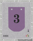 A taped needlepoint canvas with the design: Banner 18 mesh count Curved 3 Black on Purple.