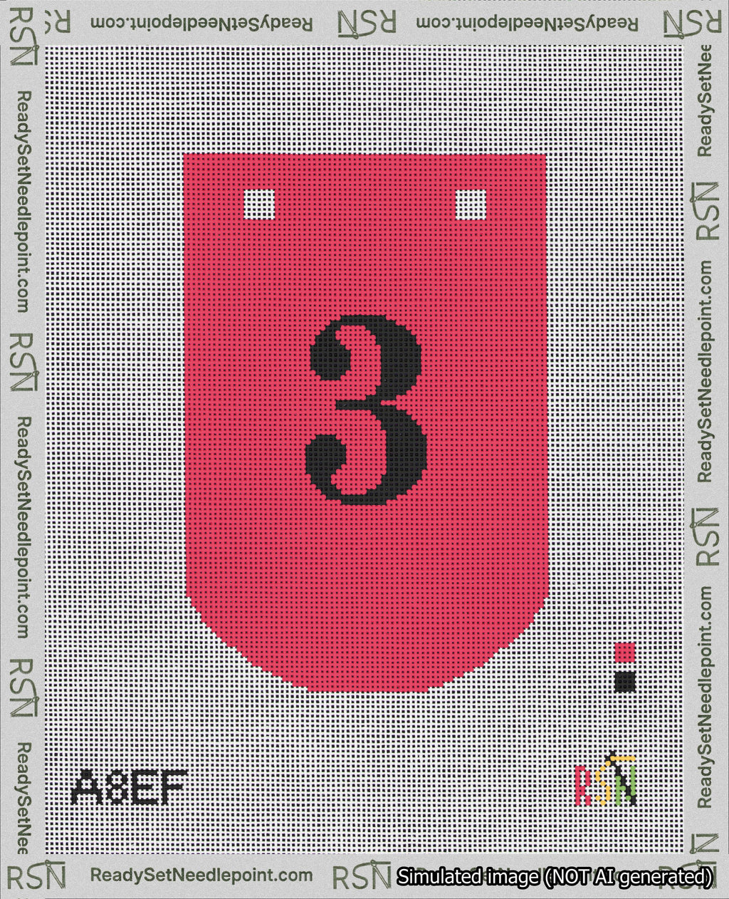 A taped needlepoint canvas with the design: Banner 18 mesh count Curved 3 Black on Red.