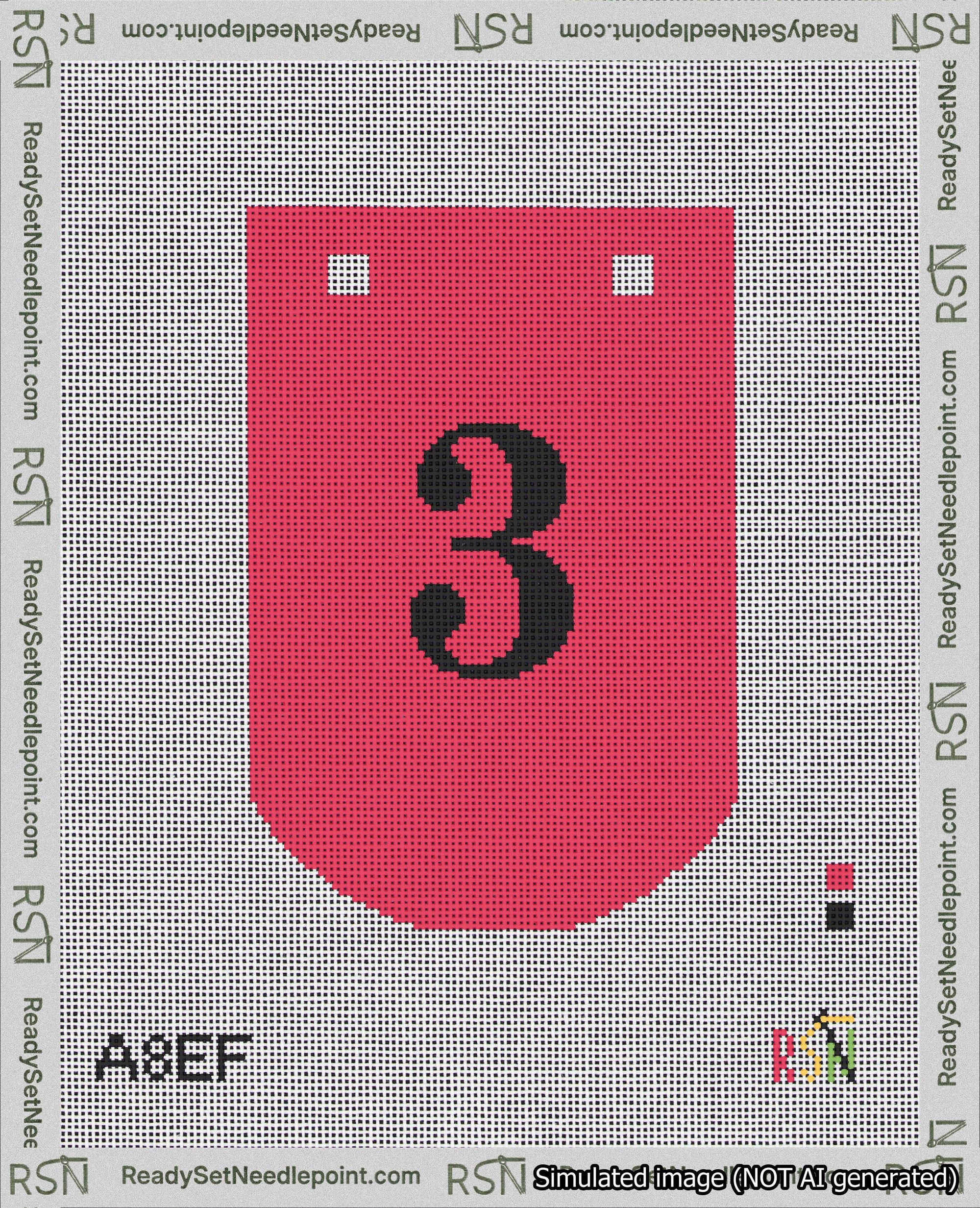 A taped needlepoint canvas with the design: Banner 18 mesh count Curved 3 Black on Red.