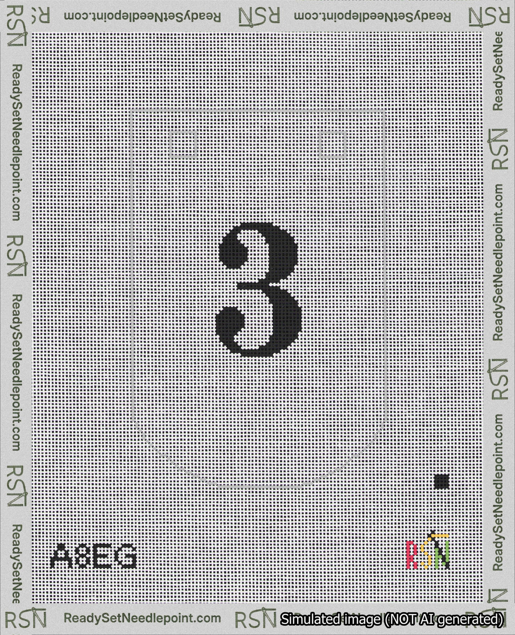 A taped needlepoint canvas with the design: Banner 18 mesh count Curved 3 Black on White.