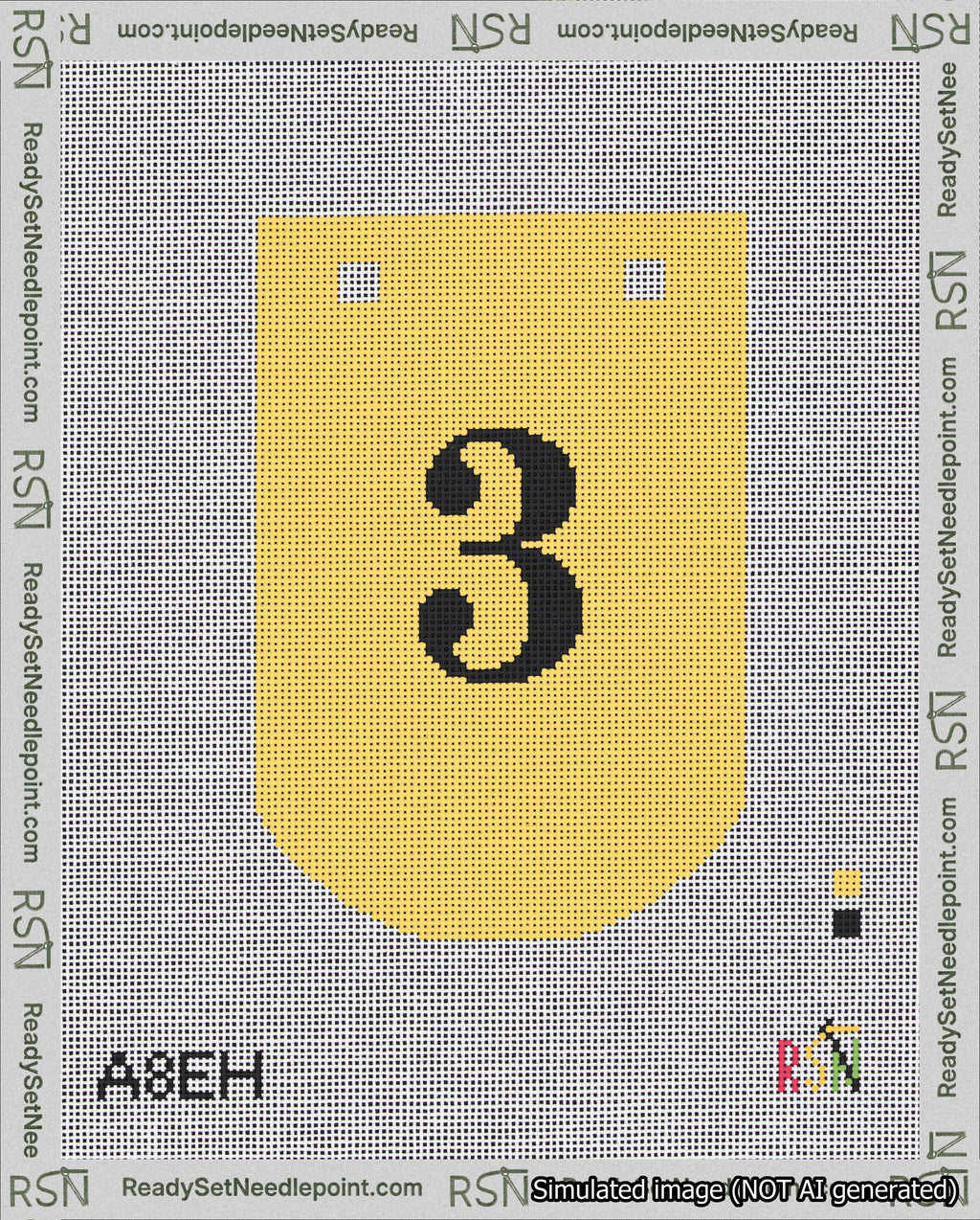 A taped needlepoint canvas with the design: Banner 18 mesh count Curved 3 Black on Yellow.
